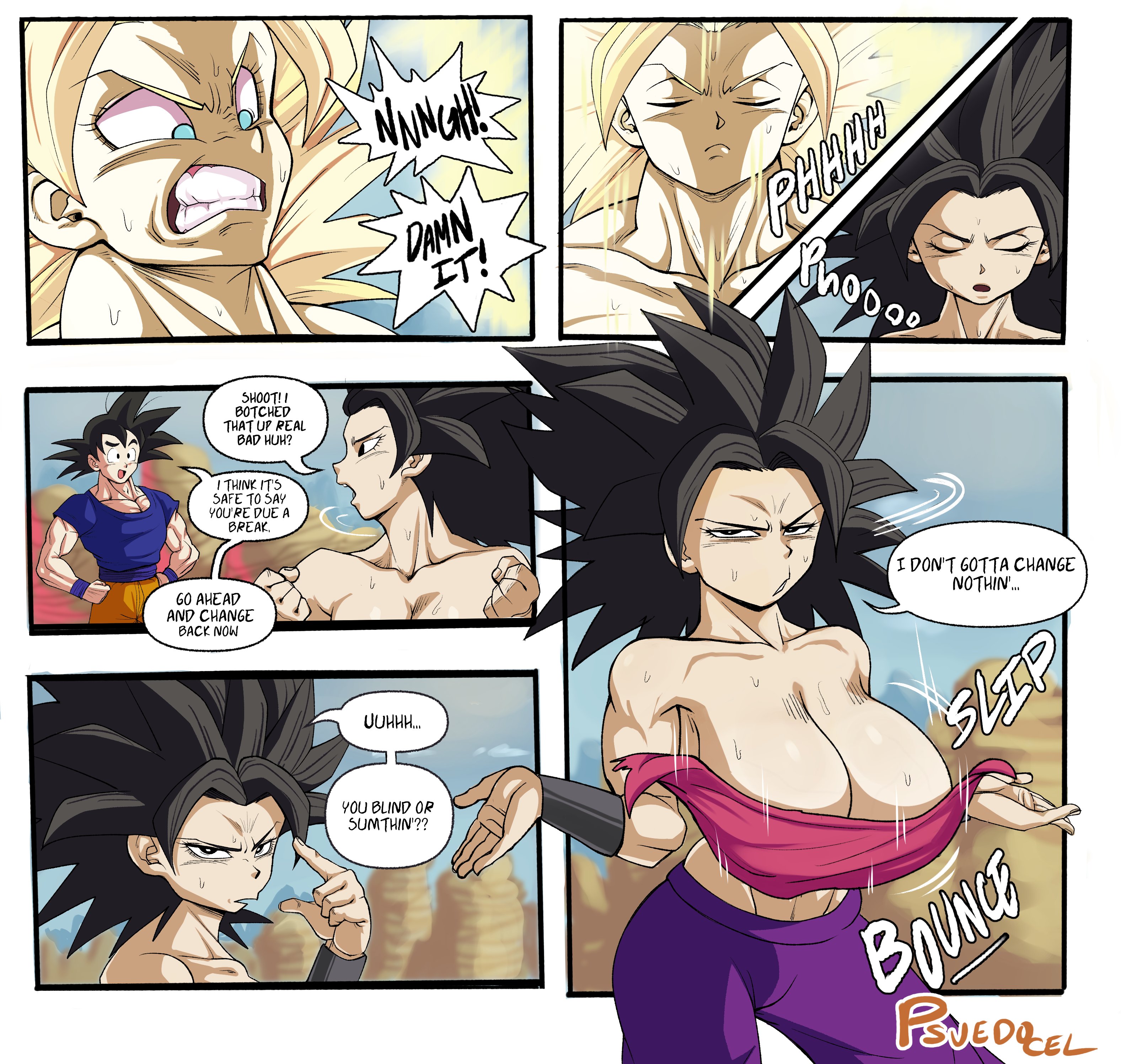 1boy1girl, big breasts, breasts, caulifla, dragon ball, dragon ball super, female, male, pseudocel, saiyan female, son goku, universe 6/universe 7, woman