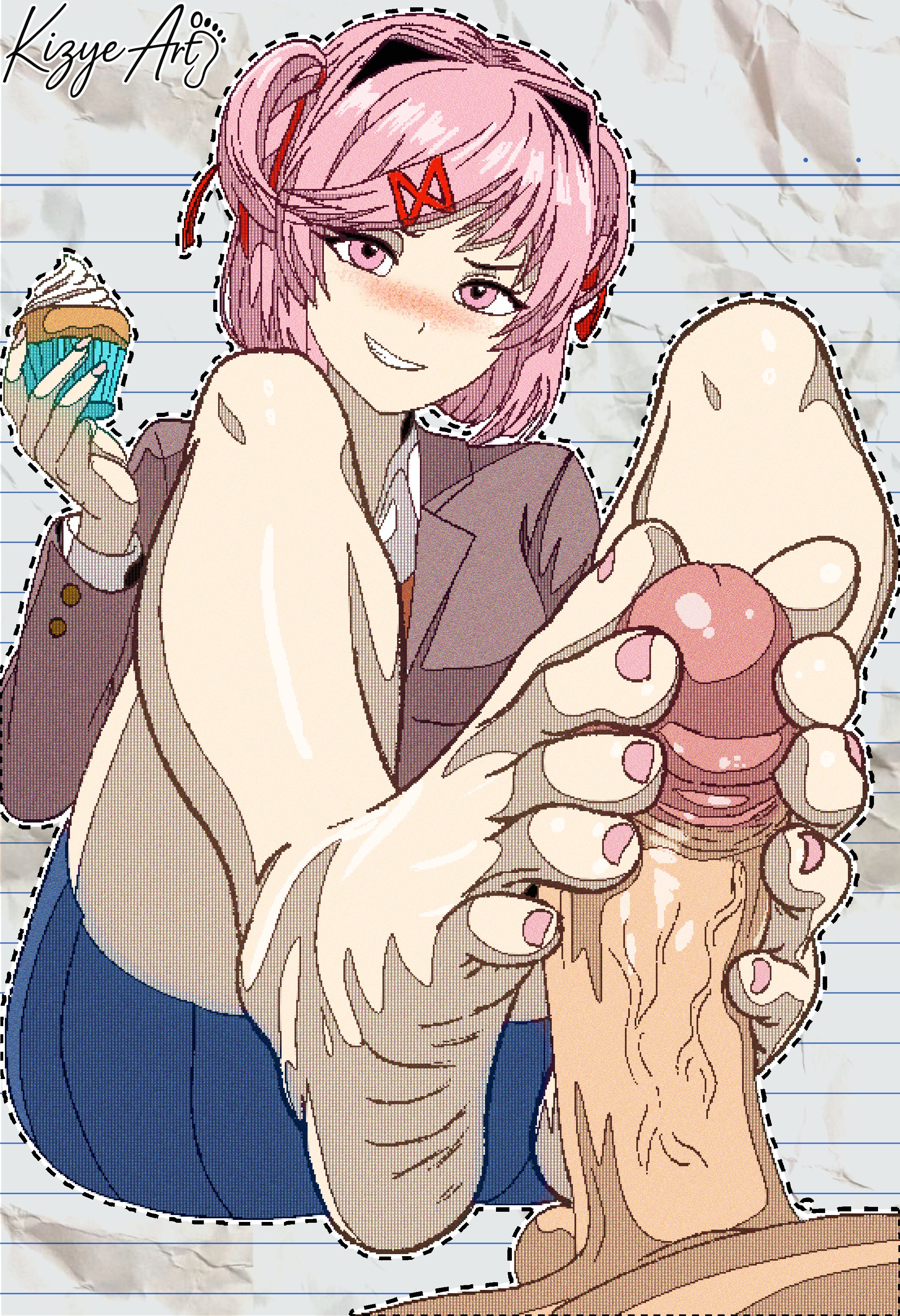 1girls, 2d, barefoot, cupcake, doki doki literature club, feet, female, foot fetish, foot focus, footjob, full color, fully clothed, kizyeart, natsuki (doki doki literature club), no penetration, pixel art, sitting, sitting on ground, tagme, toenail polish, toenails, toes, two-footed footjob, wrinkled feet