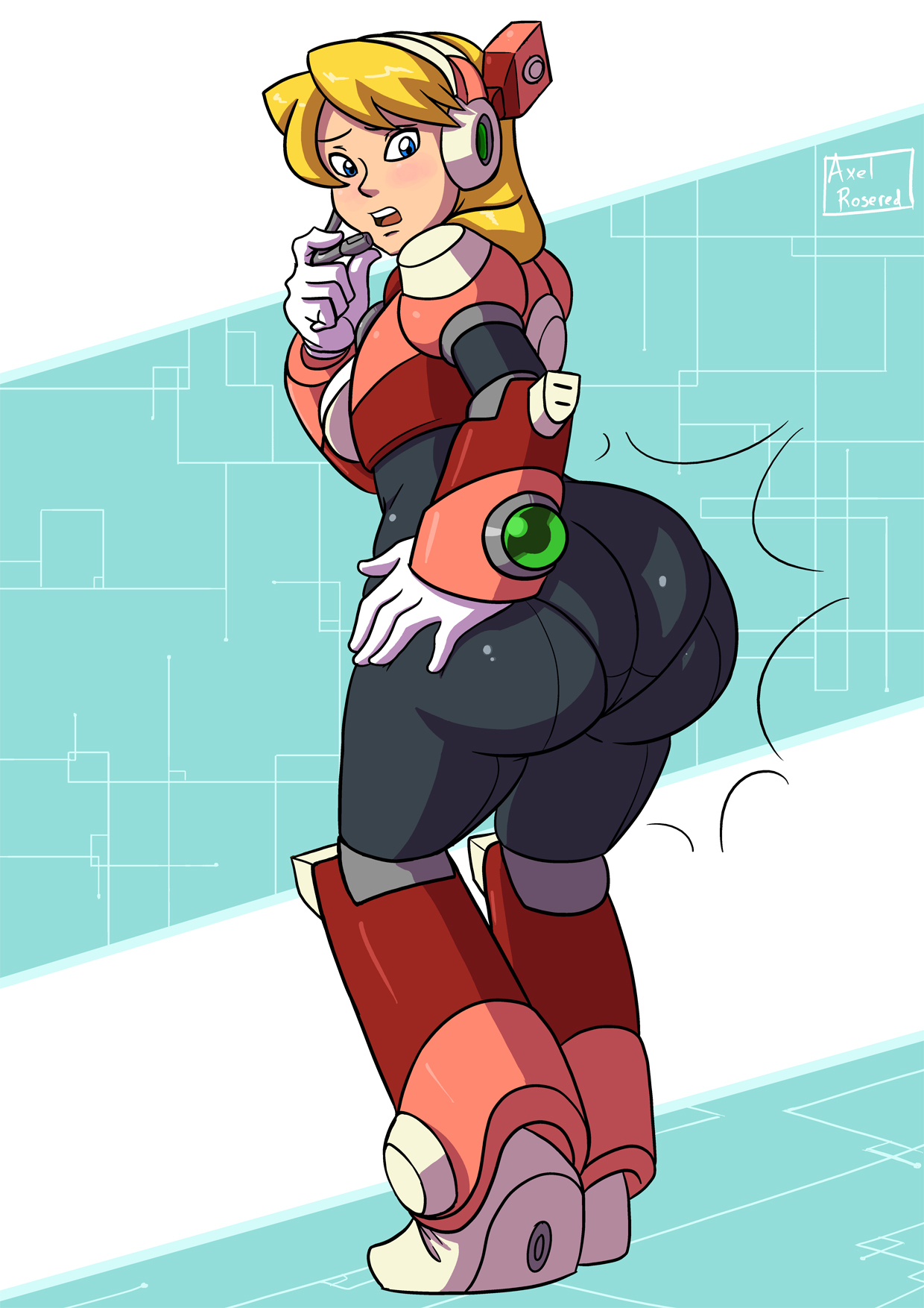 abstract background, alia, android, ass, axel-rosered, big ass, big butt, blonde hair, blue eyes, bodysuit, bubble ass, bubble butt, butt expansion, fat ass, female, female only, huge ass, huge butt, mega man, mega man x, reploid, robot girl, spandex