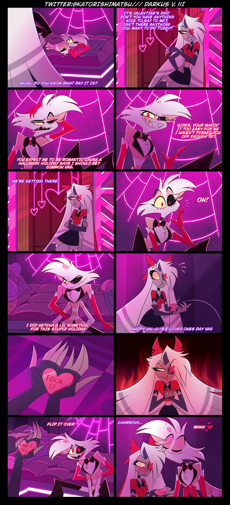 1boy, 1girls, 4 arms, accurate art style, angel dust (hazbin hotel), black sclera, blush, bow, bowtie, clothed, collar, comic, dialogue, english text, eyelashes, eyepatch, female, femboy, fingerless gloves, gloves, hazbin hotel, heterochromia, inviting, inviting to sex, katorishimatsu, long hair, male, neon lights, no sex (yet), red eyes, sharp teeth, short hair, skirt, tagme, twink, vaggie (hazbin hotel), valentine's day, white hair, yellow sclera