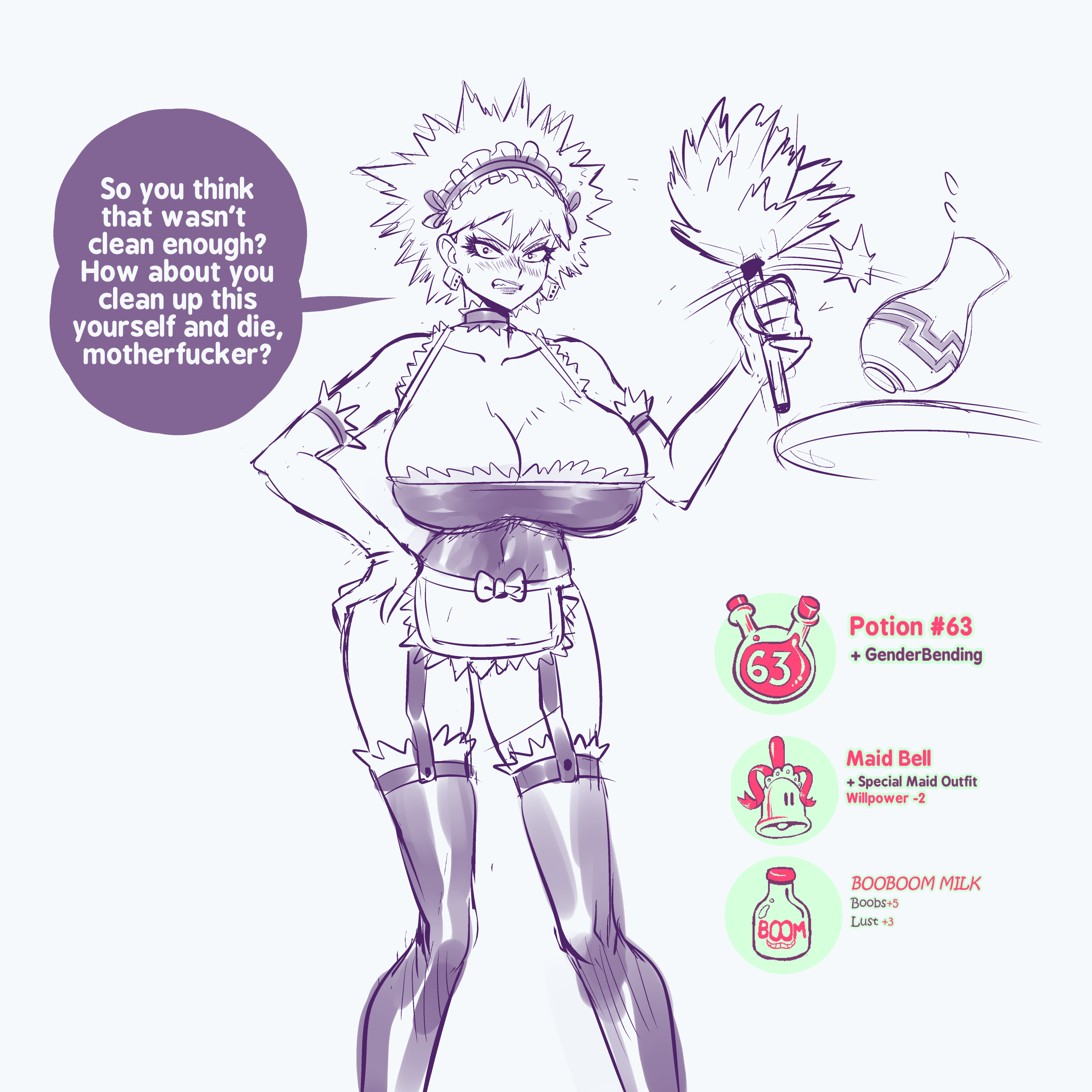 1girls, after transformation, angry, annoyed, black and white, blush, boku no hero academia, booboom milk, breasts, cleavage, clothed, clothes, clothing, dialogue, duster, female, female bakugou, female focus, female only, genderswap (mtf), high quality, high resolution, highres, holding object, huge breasts, katsuki bakugou, light skin, light-skinned female, maid, maid bell, maid headdress, maid uniform, my hero academia, no bra, oppai, post-transformation, potion, profanity, rule 63, shounen jump, simple background, sketch, speech, speech bubble, spiky hair, supersatanson, swearing, transformation, vase, video game mechanics, white background