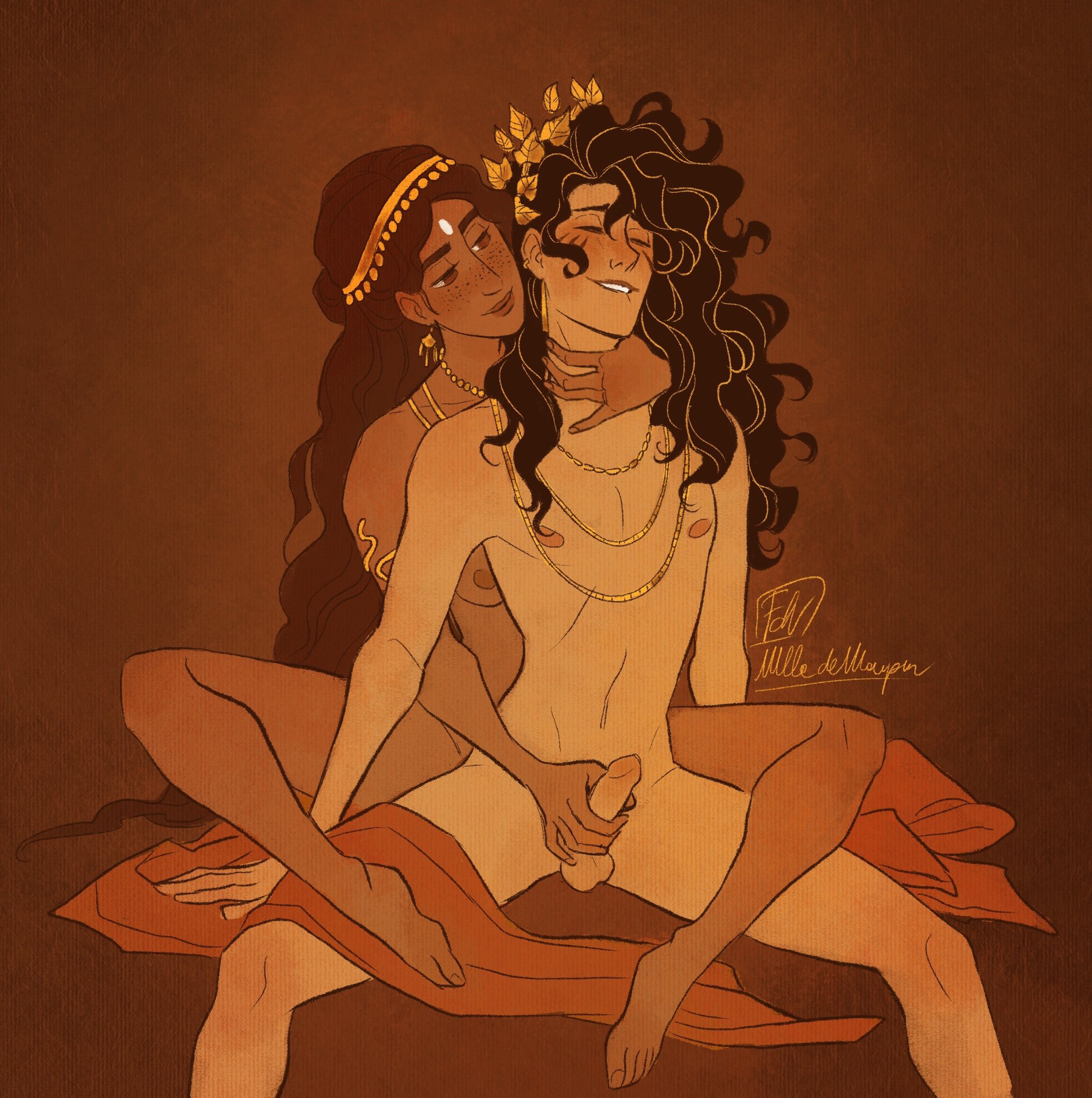 1boy, 1girls, 2d, androgynous, ariadne (greek mythology), artist name, artist signature, biting own lip, black hair, blush, dark skin, dark-skinned female, deity, dionysus, dionysus (greek mythology), european mythology, female, femboy, femboy on female, feminine, feminine male, freckles, freckles on face, god, goddess, gold jewelry, greek mythology, handjob, handjob from behind, husband and wife, jerking off, jerking off another, light skin, light-skinned male, long hair, long hair male, male, mlledemaupin, mythology, nipples, nude, nude female, nude male, penis, public domain, reach around, simple background, slim, tan skin, tan-skinned female