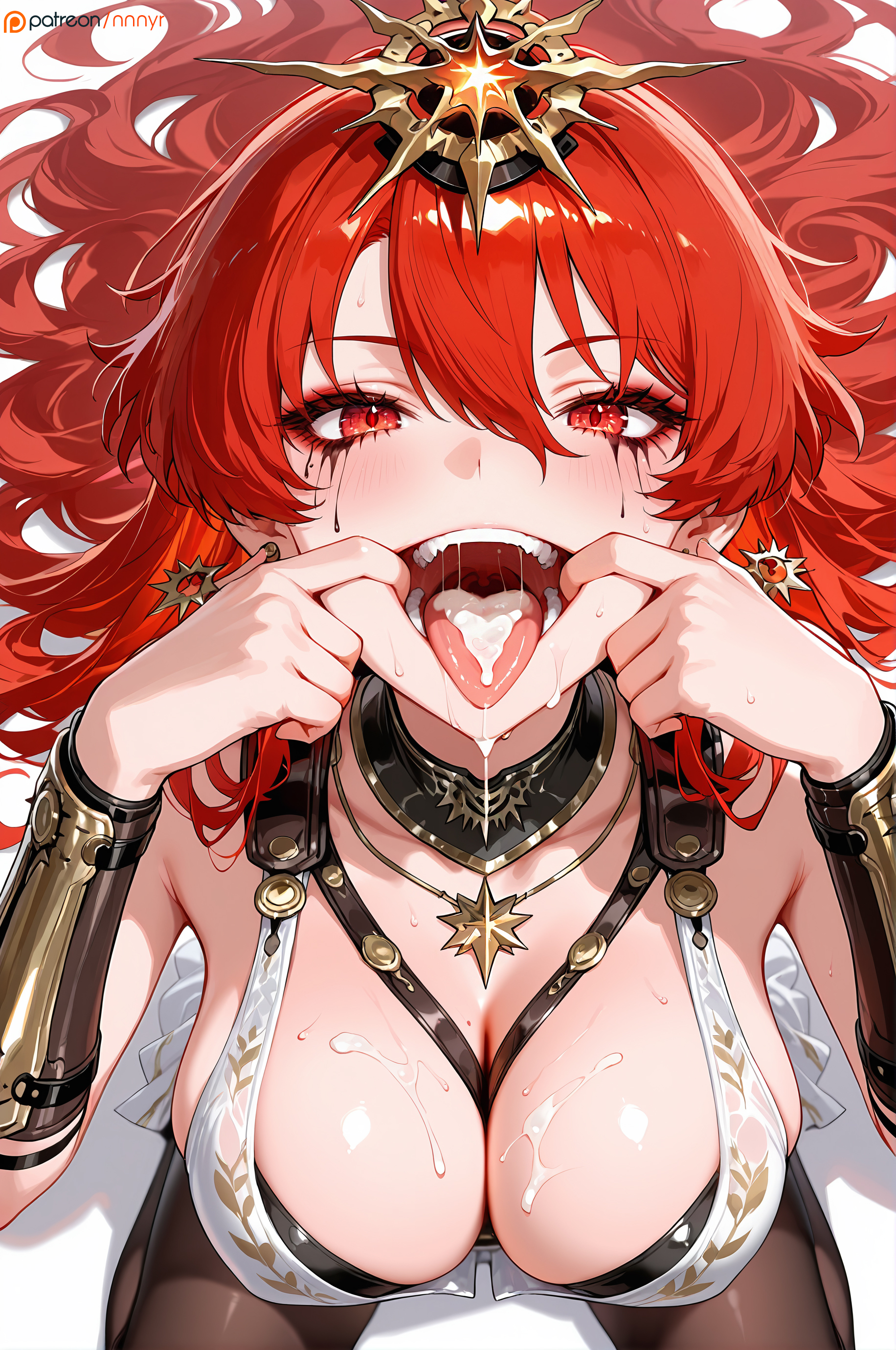 1girls, absurd res, absurd resolution, absurdres, after fellatio, ai generated, armored, armored dress, armored female, augusta (wuthering waves), big breasts, blush, brainwashed, brainwashing, breasts, cheek pull, close up, close up face, close up view, close-up, closeup, closeup view, corrupted, corruption, cum, cum drip, cum in mouth, cum inside, cum on breasts, cum on face, cum on tongue, cum string, cum trail, dress, excessive cum, face close up, face close-up, face closeup, face focus, female, female focus, female only, finger in mouth, hi res, high quality, high resolution, highres, huge breasts, jewelry, long hair, looking at viewer, looking pleasured, mind break, mindbreak, mouth close up, mouth close-up, mouth closeup, mouth pull, nnnyr, open mouth, open mouth tongue out, open mouth tongue-out, perfect body, perfect legs, personality change, pov eye contact, pulled by self, red eyes, red hair, running makeup, running mascara, runny makeup, runny mascara, sexy, sexy body, solo, solo female, solo focus, stable diffusion, teeth, teeth visible, thick thighs, tongue out open mouth, vines, visible teeth, white dress, wuthering waves