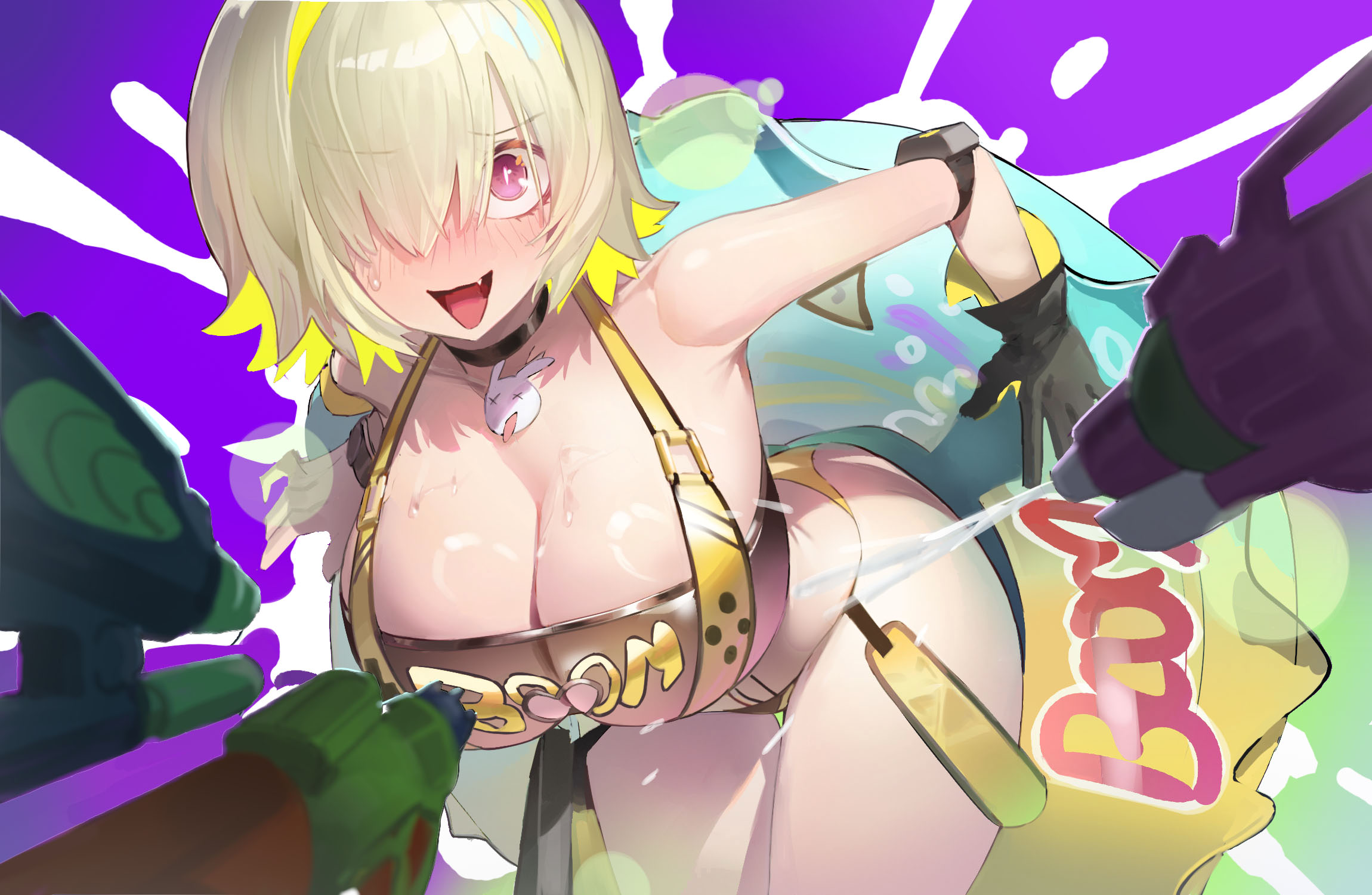 1girls, ahoge, arm strap, armpits, bare shoulders, bent over, big breasts, black choker, black gloves, blonde hair, blush, breasts, choker, cleavage, cleavage screen, clothing cutout, cute fang, elegg (boom and shock) (nikke), elegg (nikke), english text, fang, female, female only, gloves, hair over one eye, heart cutout, highres, koi wanko, long bangs, looking at viewer, multicolored hair, official alternate costume, open mouth, purple background, purple eyes, shiny skin, short hair, slingshot swimsuit, slit pupils, solo, sweat, swimsuit, tagme, text, thigh gap, thighs, two-tone hair, watch, water gun, wet, white pupils
