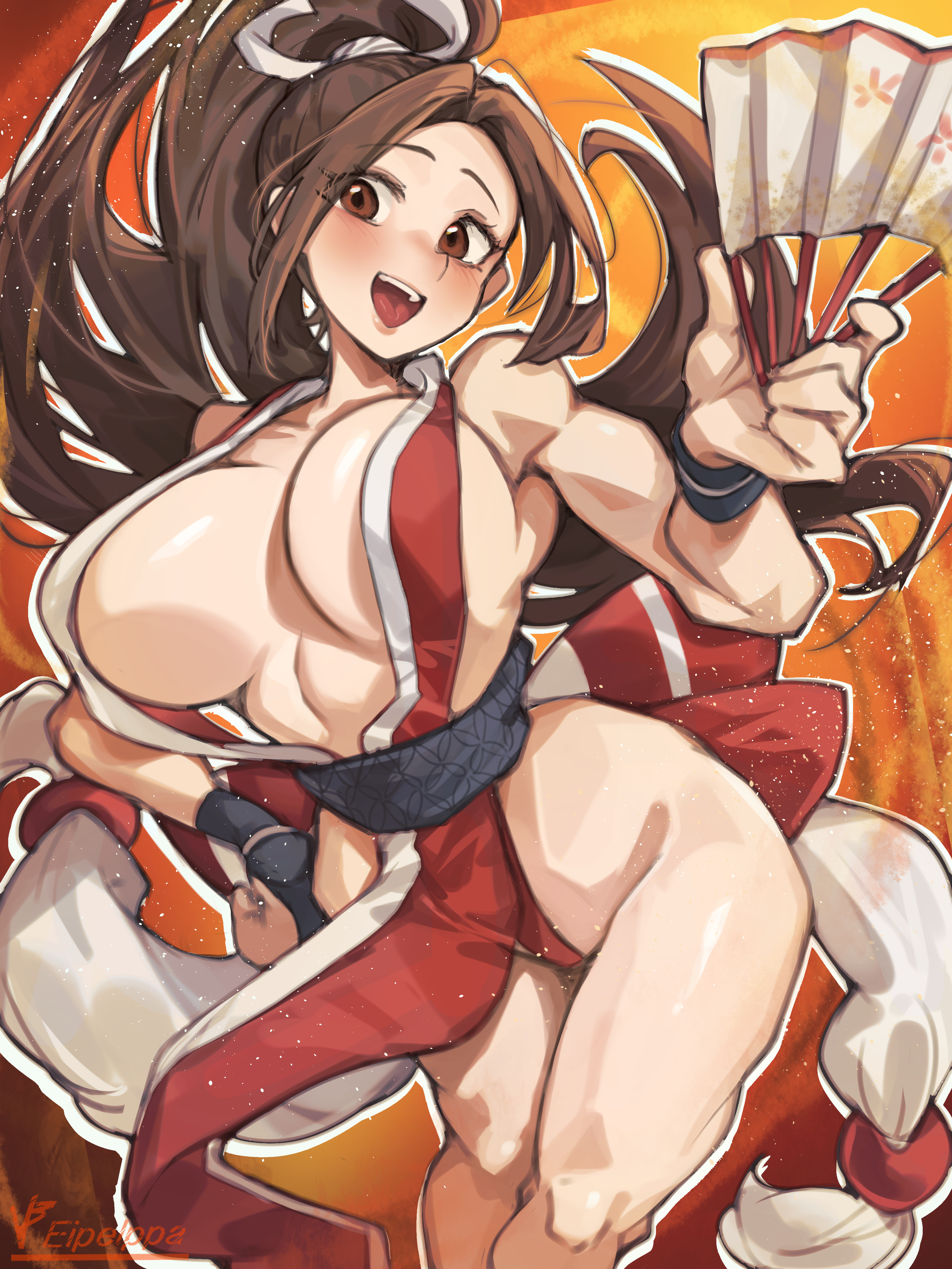 absurdres, blush, breasts, brown eyes, brown hair, cleavage, eipelppa, fatal fury, female, female only, hand fan, highres, holding, holding fan, iepelppa, iparupua, iparuputsua, ipelppa, japanese clothes, kimono, king of fighters, large breasts, long hair, looking at viewer, mai shiranui, ponytail, red kimono, solo, teeth, upper teeth only