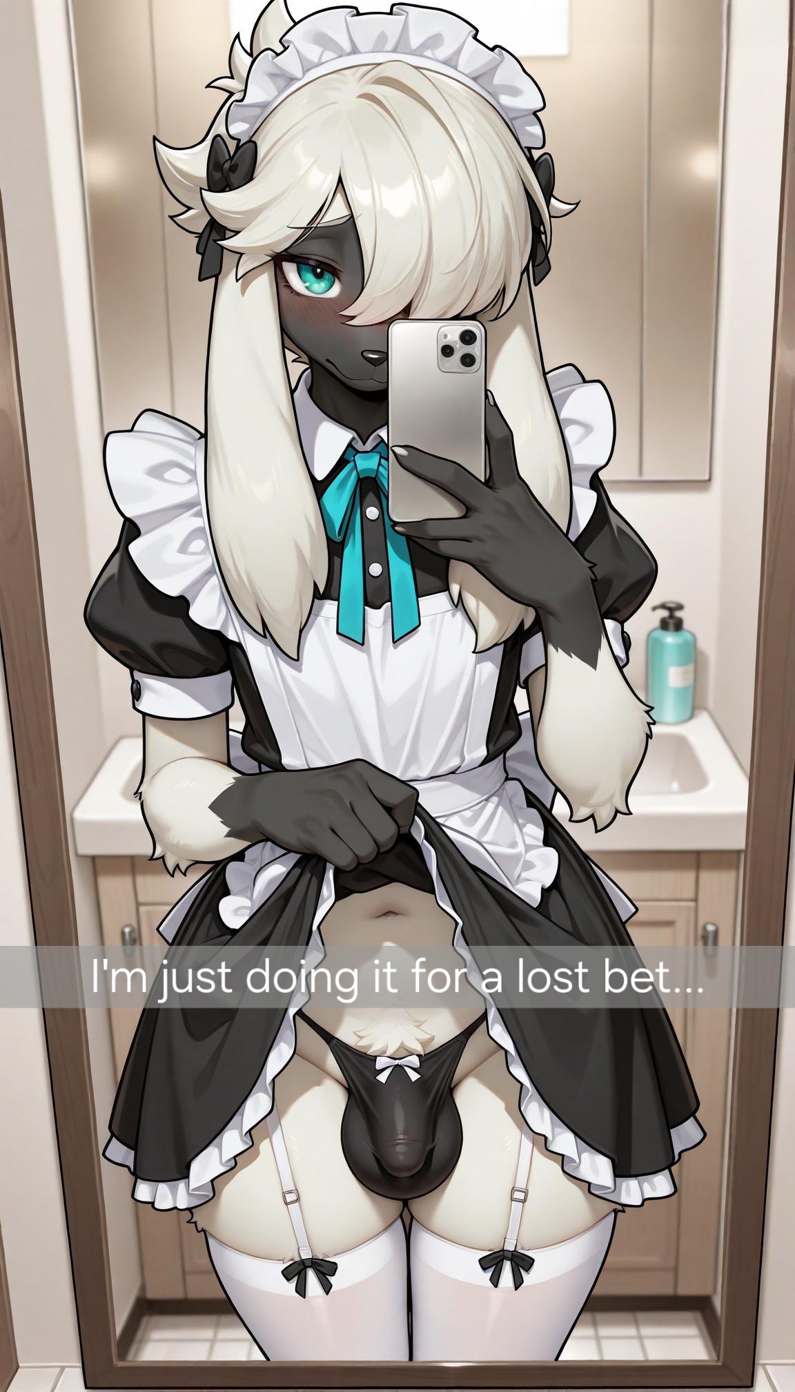 1boy, 1femboy, ai generated, anthro, balls, balls bulge, bathroom, blush, bulge through clothing, clothed male, embarrassed, femboy, furfrou, holding phone, legwear, lifted dress, looking at viewer, maid, maid uniform, male, mirror, mirror reflection, mirror selfie, navel, panties, panties bulge, penis, photo, pokemon, pokemon (species), reflection, ribbon, ribbon in hair, ribbon panties, selfie, serbm, skirt lift, standing, text, thong, thong bulge