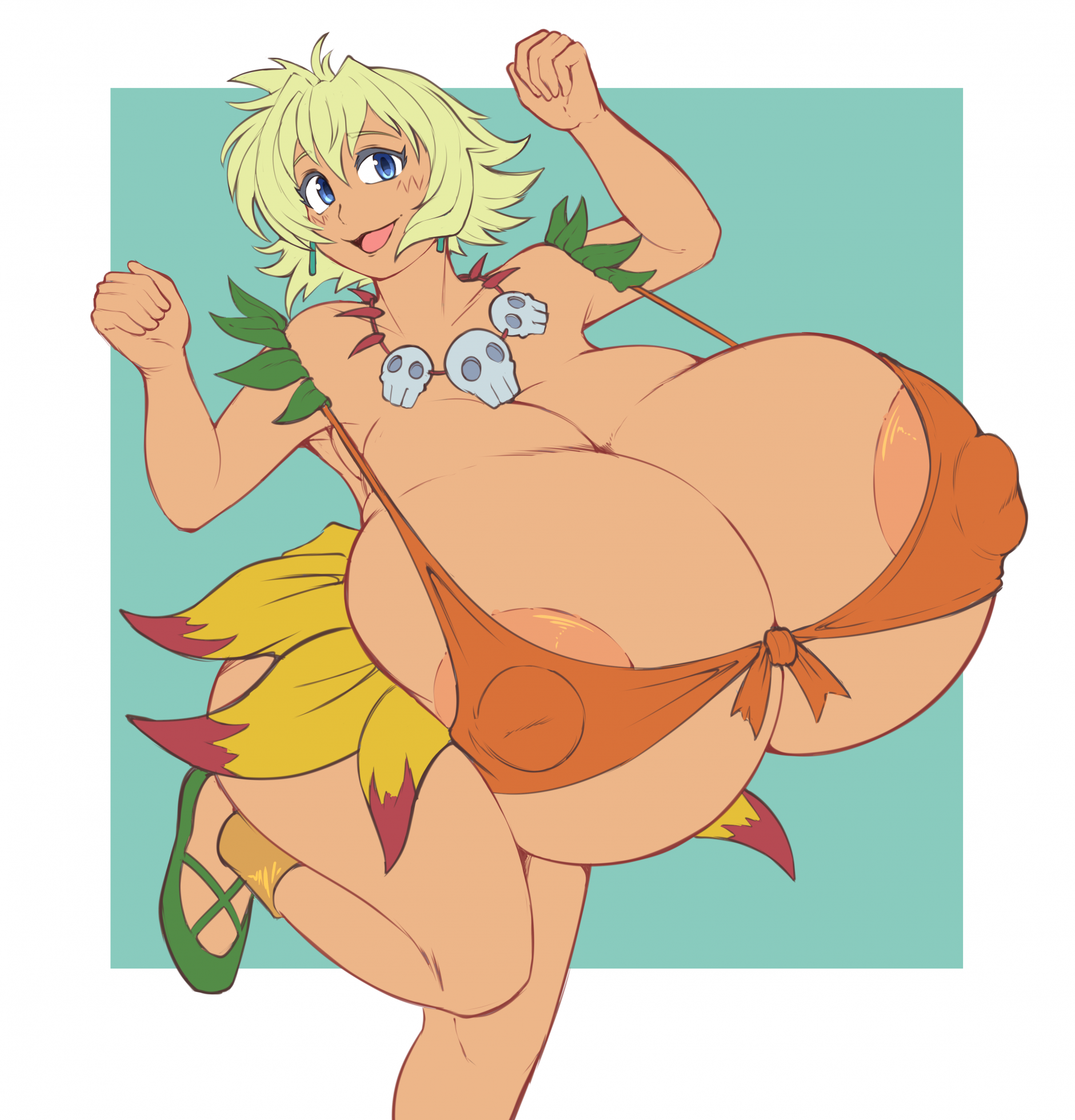 1girls, beautiful, big breasts, big nipples, bikini, blue eyes, breasts, child bearing hips, earrings, erect nipples, female, fertility goddess, fit female, flower skirt, green hair, huge breasts, jungle de ikou, jungle girl, kittenboogers, mii (jungle de ikou), nipples visible through clothing, seductive, sexy, short hair, skull necklace, tan, tan body, tan skin, thick, thighs, tribal, wide hips