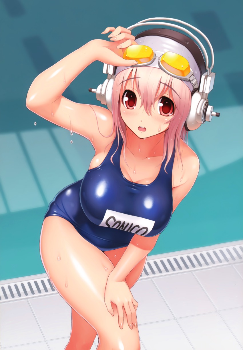 absurdres, bare shoulders, breasts, cleavage, collarbone, female, female focus, fingernails, goggles, goggles on head, headphones, highres, large breasts, long hair, name tag, nitroplus, official art, old school swimsuit, one-piece swimsuit, open mouth, pink eyes, pink hair, pool, poolside, scan, school swimsuit, shiny clothes, shiny skin, solo, super sonico, swim cap, swimsuit, tsuji santa, tsujisaki, wet