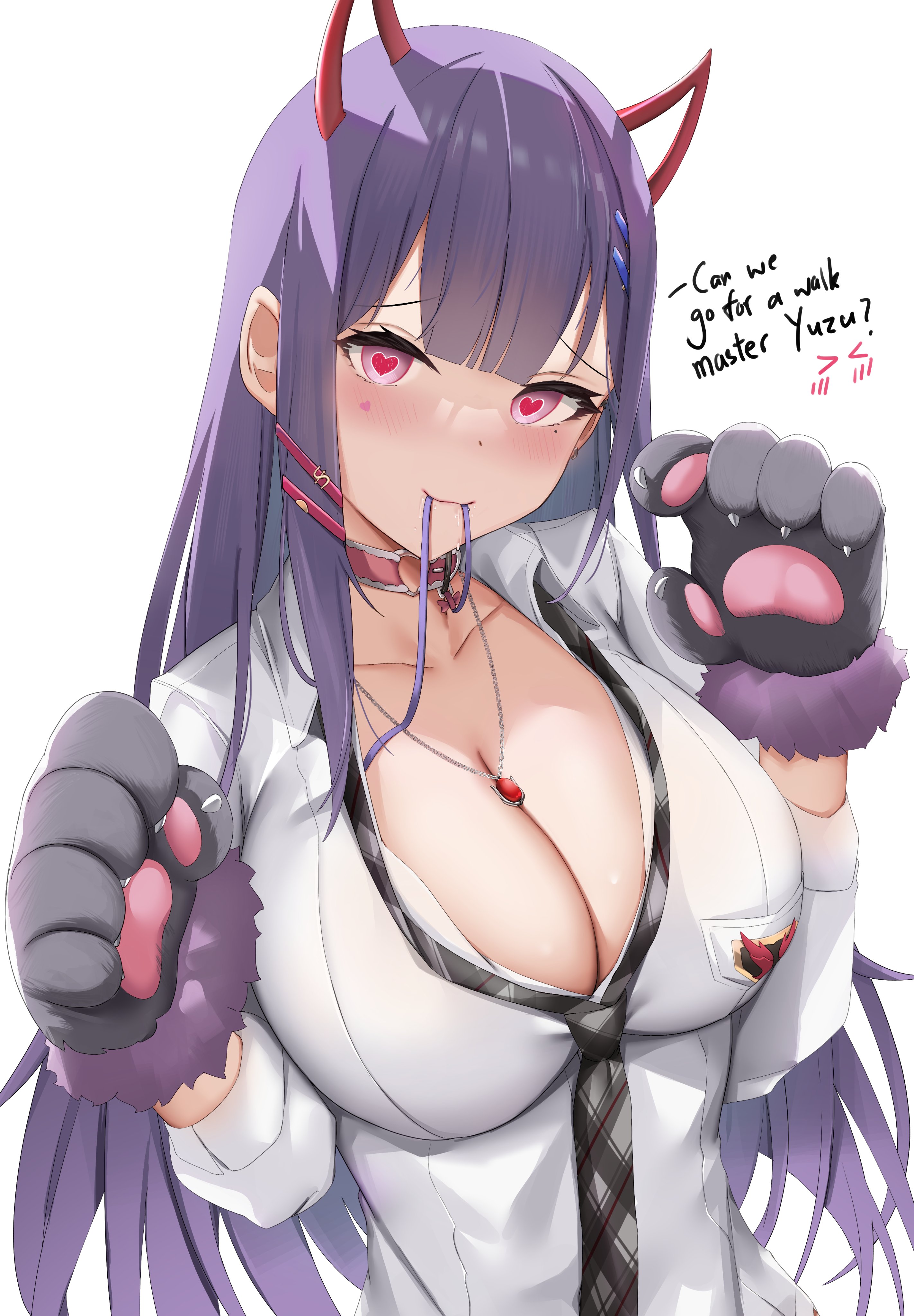absurdres, akuma nihmune, akuma nihmune (1st costume), animal hands, black necktie, blush, breasts, choker, claw pose, cleavage, commentary, demon horns, english commentary, english text, facial tattoo, fake horns, female, gloves, hair ornament, hairclip, heart, heart choker, heart tattoo, heart-shaped pupils, highres, holding, holding leash, horns, indie virtual youtuber, jewelry, large breasts, leash, long hair, looking at viewer, necklace, necktie, paw gloves, purple hair, red choker, red eyes, shirt, skai kun, symbol-shaped pupils, tattoo, virtual youtuber, white shirt