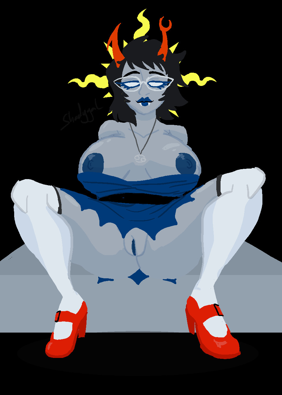 1girl, 1girls, aranea serket, areolae, artist name, big breasts, black background, black hair, blue areola, blue dress, blue lipstick, blue nipples, blue pussy, breasts, breasts out, dress, eyewear, eyewear on head, female, female only, glasses, glasses on head, gray skin, grey body, hair, heels, homestuck, homestuck troll, horn, horns, huge breasts, legs, legs apart, legs spread, legwear, lipstick, looking at viewer, ms paint adventures, necklace, nipples, no pupils, orange horn, orange horns, pussy, raised eyebrows, shadygal, short hair, simple background, solo, solo female, thick thighs, thighhighs, thighs, unusual anatomy, unusual eyes, white eyes