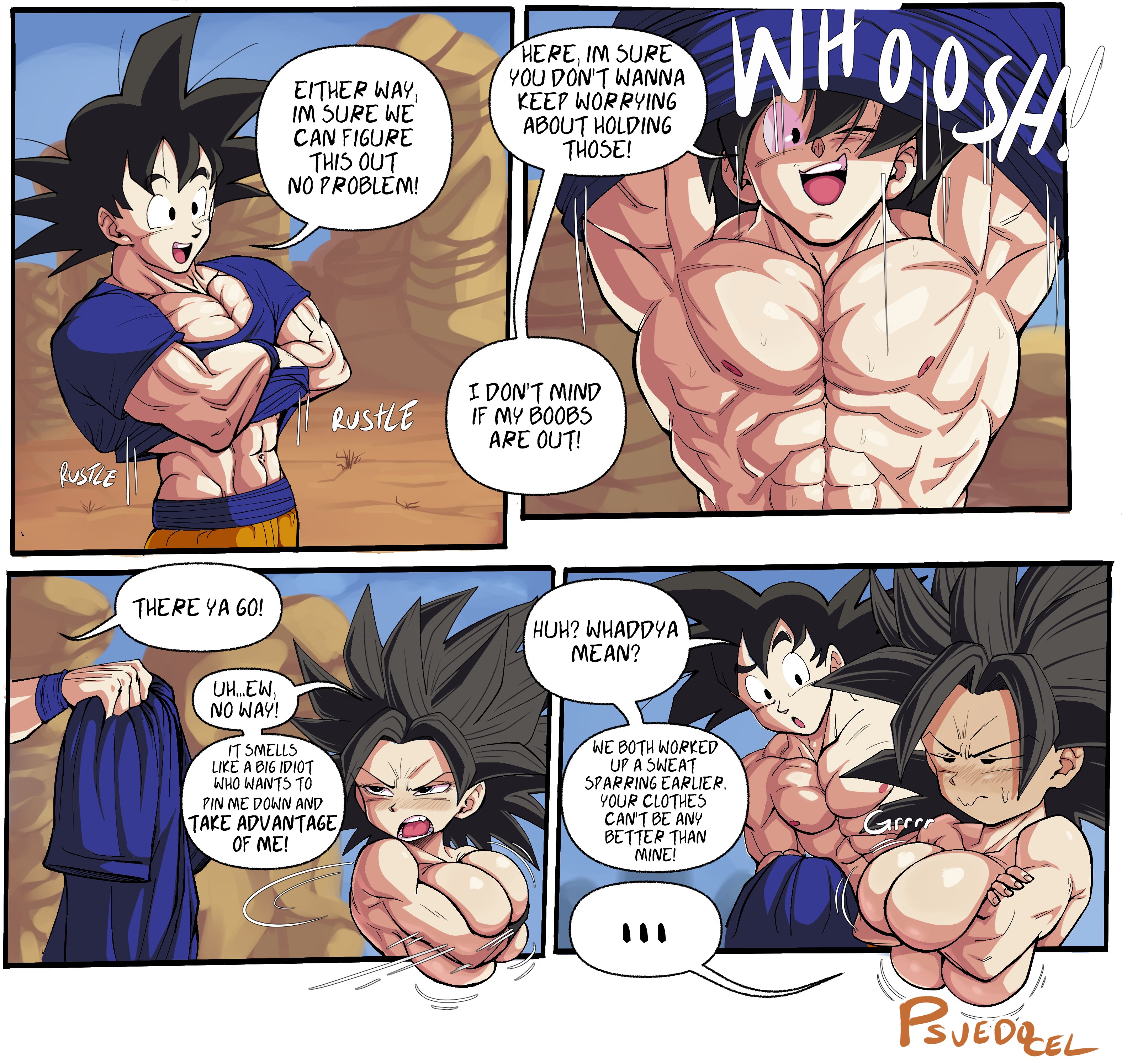 1boy1girl, big breasts, breasts, caulifla, dragon ball, dragon ball super, female, male, muscular, muscular male, pseudocel, son goku, taking clothes off, woman