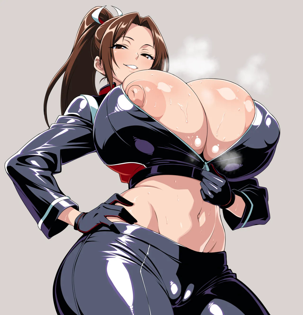 artist name, black gloves, black jacket, black pants, boots, breasts, brown eyes, brown hair, cleavage, exposed nipples, fatal fury, fatal fury: city of the wolves, female, folding fan, full body, gloves, hand fan, hand on own hip, high heel boots, high heels, huge breasts, huge nipples, jabara tornado, jacket, large areolae, large breasts, latex, latex boots, latex jacket, latex pants, latex shirt, light skin, light-skinned female, long hair, looking at viewer, looking down, mai shiranui, mai shiranui (city of the wolves), midriff, navel, nipple slip, nipples, no bra, open clothes, open jacket, pants, ponytail, puffy nipples, signature, skin tight, smile, snk, standing, street fighter, street fighter 6, sweat, thick thighs, thighs, unzipping, watermark, white skin, zipper