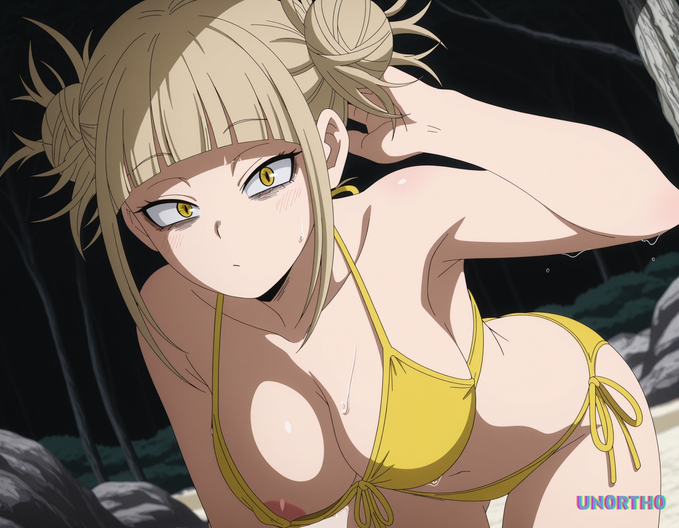 1girls, accurate art style, ai generated, armpit, big breasts, bikini, blonde hair, blonde-haired female, boku no hero academia, breasts, confused, dot mouth, exposed nipple, female, hi res, himiko toga, looking at viewer, my hero academia, nipple, one breast out, one hand behind head, one nipple out, un0rth0, yellow bikini, yellow eyes