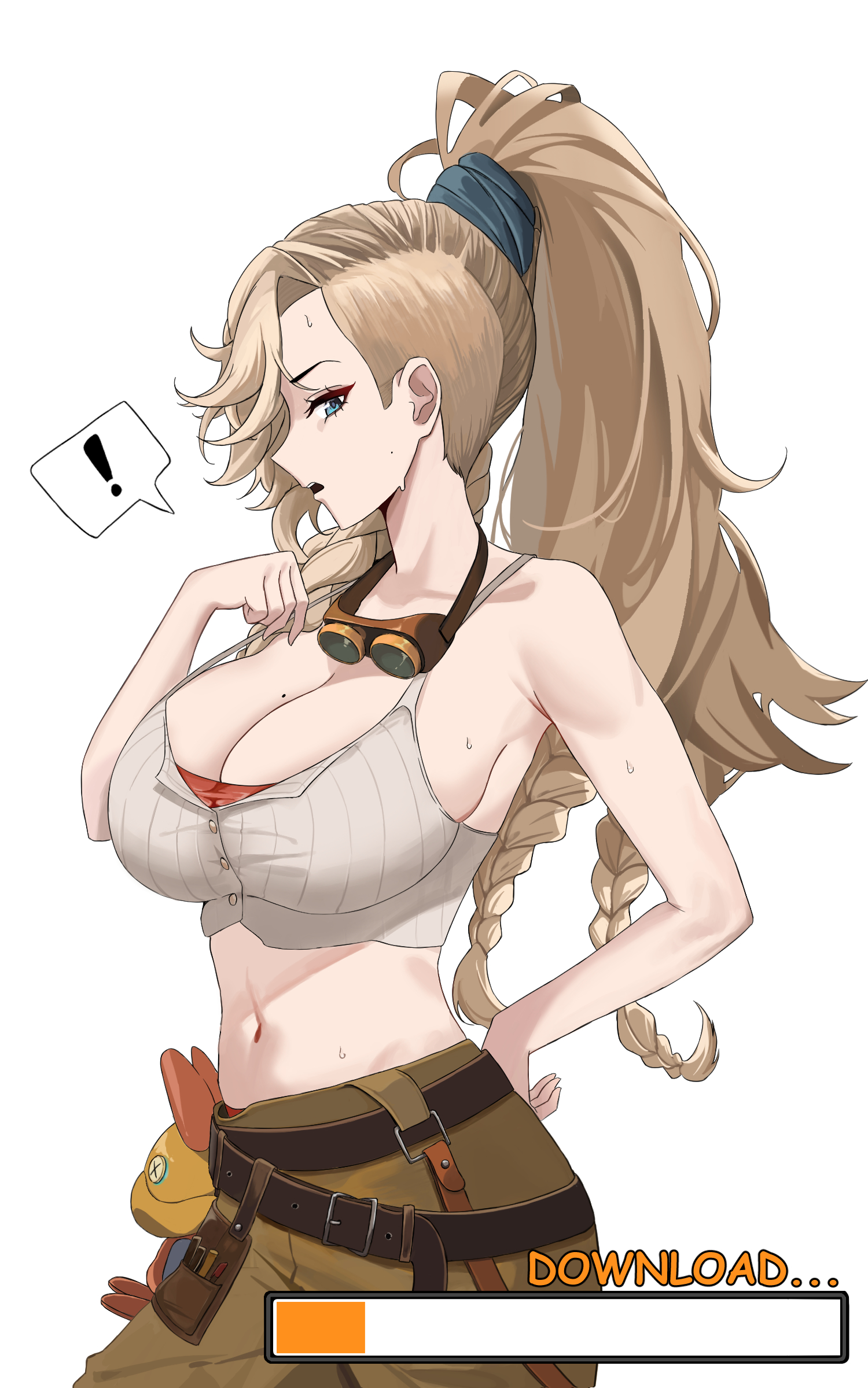 1girls, absurdres, belt, black belt, blonde hair, blue eyes, braid, breasts, brown pants, buta dong, cleavage, crop top, female, female only, gemma (monster hunter wilds), goggles, goggles around neck, high ponytail, highres, large breasts, long hair, midriff, mole, mole on breast, monster hunter (series), navel, pants, ponytail, progress bar, sideways glance, simple background, solo, spoken exclamation mark, very long hair, white background