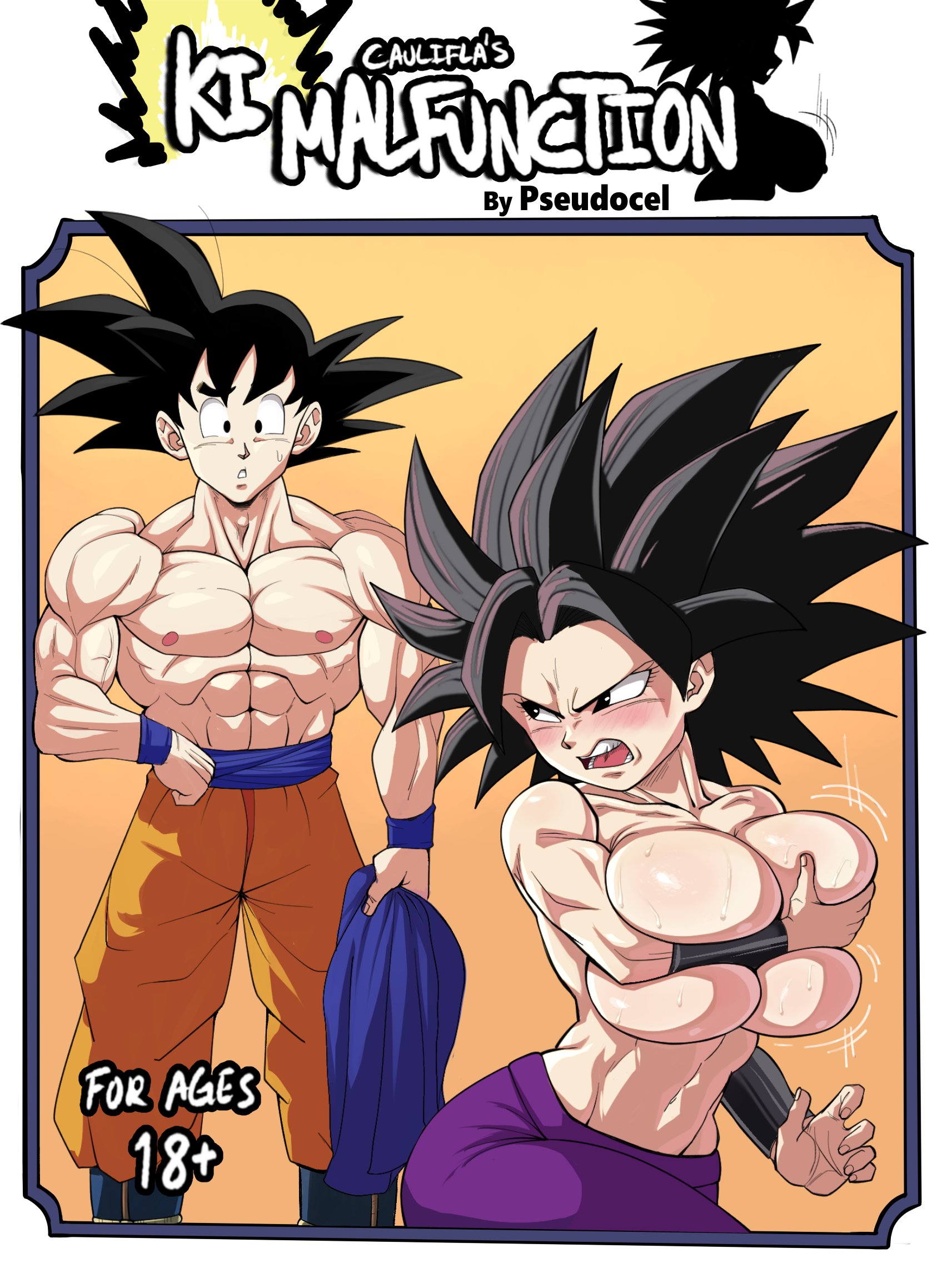 1boy1girl, big breasts, breasts, caulifla, covering breasts, dragon ball, dragon ball super, female, huge breasts, male, muscular, muscular male, pseudocel, saiyan female, saiyan male, son goku, universe 6/universe 7, woman