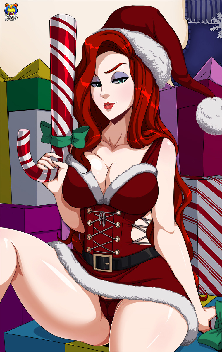 1girls aqua_eyes candy_cane_miss_fortune christmas female kyoffie league_of_legends light-skinned_female light_skin looking_at_viewer miss_fortune panties red_hair red_panties riot_games snowdown_showdown_series solo