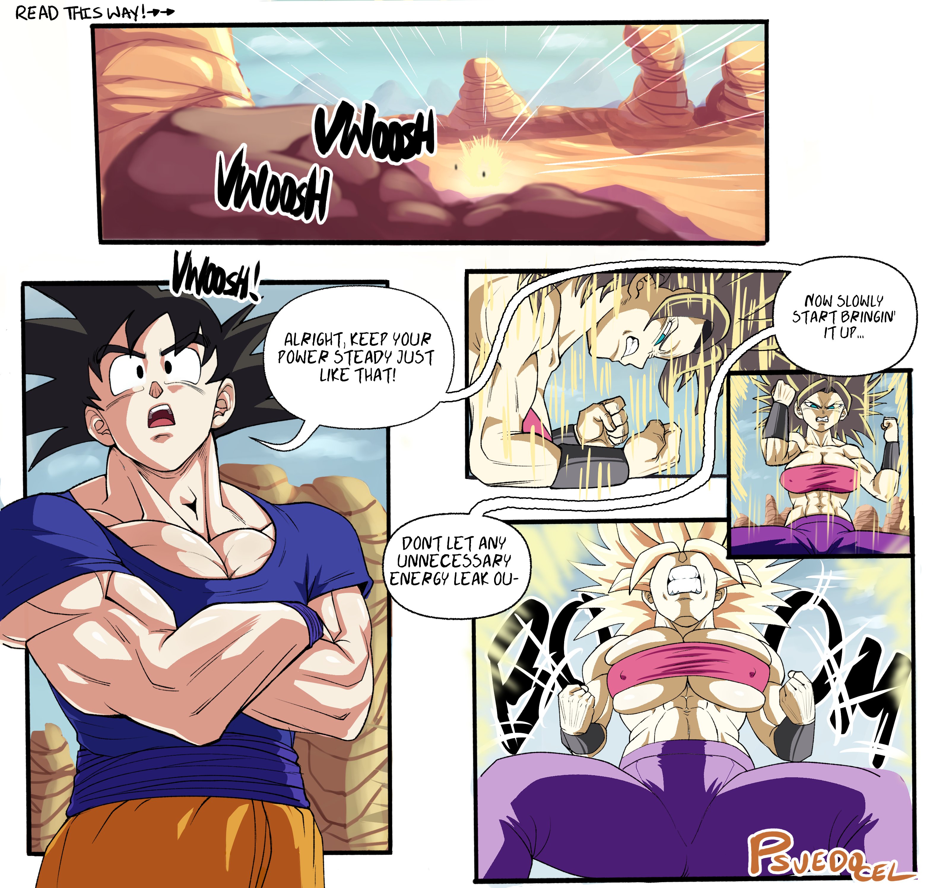 1boy1girl, big breasts, breasts, caulifla, dragon ball, dragon ball super, female, male, muscular, muscular female, muscular male, nipples visible through clothing, pseudocel, saiyan female, son goku, super saiyan, universe 6/universe 7, woman