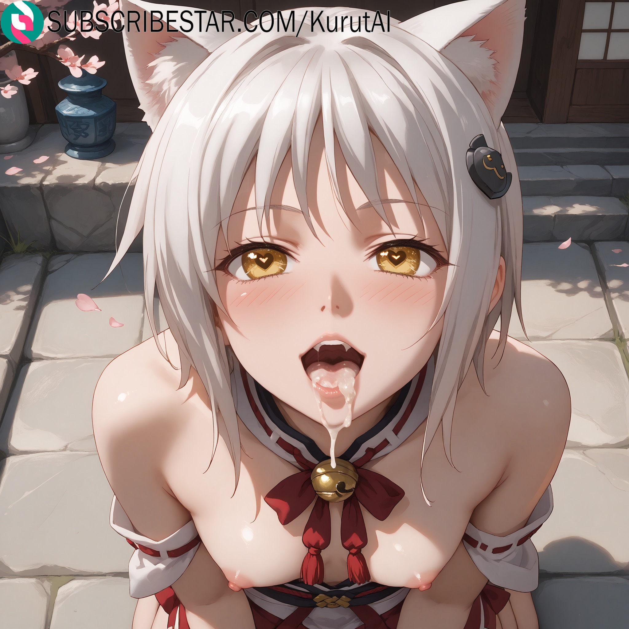 1girls, ai generated, animal ear fluff, animal ears, artist name, artist signature, bare shoulders, bell, blush, breasts, cat ears, cum, cum in mouth, cum on tongue, fangs, female, hair ornament, heart, heart-shaped pupils, hi res, high resolution, high school dxd, highres, jingle bell, koneko toujou, kurutai, looking at viewer, multi ear, neck bell, nipples, open mouth, outdoors, short hair, small breasts, solo, subscribestar, subscribestar username, symbol-shaped pupils, tongue, tongue out, uncensored, white hair, yellow eyes