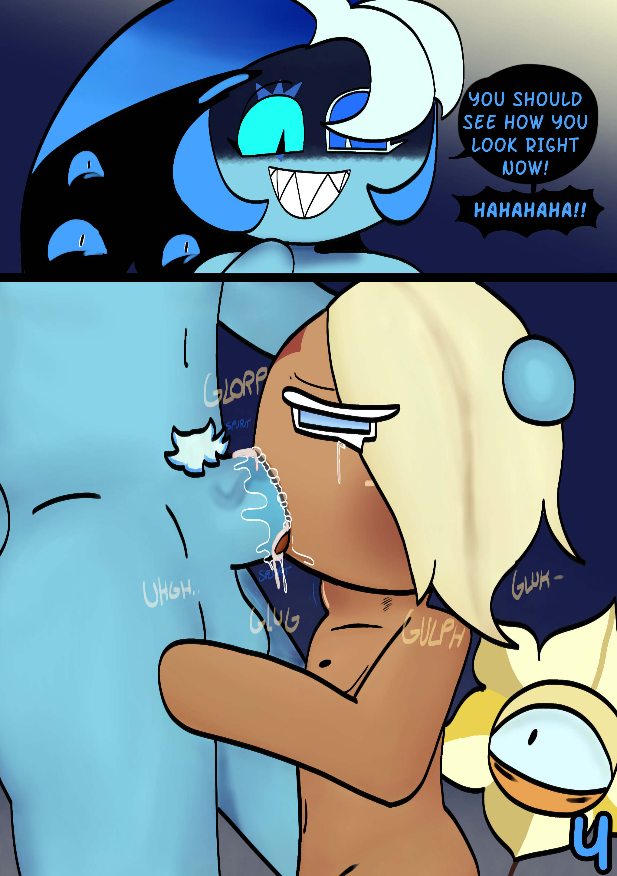 2025, 2boys, 99cookiepiss, balls, ballsack, big penis, blonde hair, blue body, blue skin, blush, comic, comic page, completely nude, completely nude male, cookie run, cookie run kingdom, cum, cum in mouth, cum in throat, cum inside, cum leak, cum leaking out of mouth, deepthroat, dialogue, fellatio, gagging, gagging on penis, hand on head, hand on hip, male, onomatopoeia, oral, oral sex, page 4, page number, penis, pubic hair, pure vanilla cookie, saliva, saliva bubble, saliva drip, saliva on penis, saliva trail, shadow milk cookie, smiling, smiling at partner, spit bubble, swallowing, swallowing cum, swallowing penis while deepthroat, tears, throat bulge, throat fuck, tongue, tongue out, tongue out blowjob, wackymustdie, yaoi