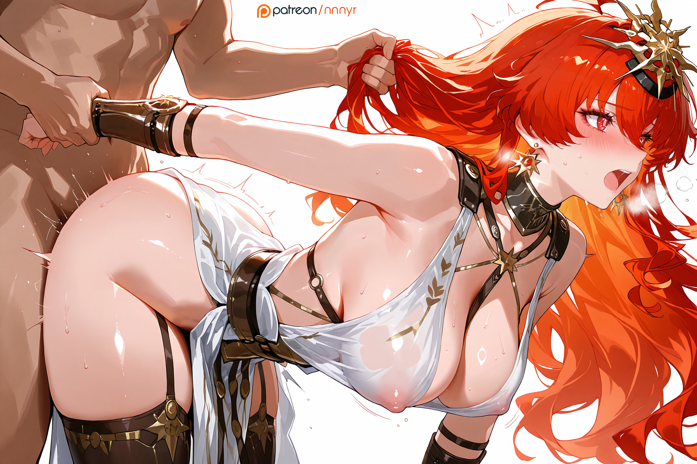1boy, 1boy1girl, 1girls, absurd res, absurd resolution, absurdres, ai generated, arm grab, armored dress, armored female, augusta (wuthering waves), big breasts, blush, braces, breasts, doggy style, dress, female, female focus, garter straps, hair grab, hand grab, hi res, high quality, high resolution, highres, huge breasts, jewelry, looking away, looking pleasured, male, mind break, nnnyr, open mouth, pleasure face, pleasured, pussy, raped, red eyes, red hair, sex, sex from behind, stable diffusion, standing sex, thighhighs, vaginal penetration, vaginal sex, visible breath, visible nipples, white background, white dress, wuthering waves