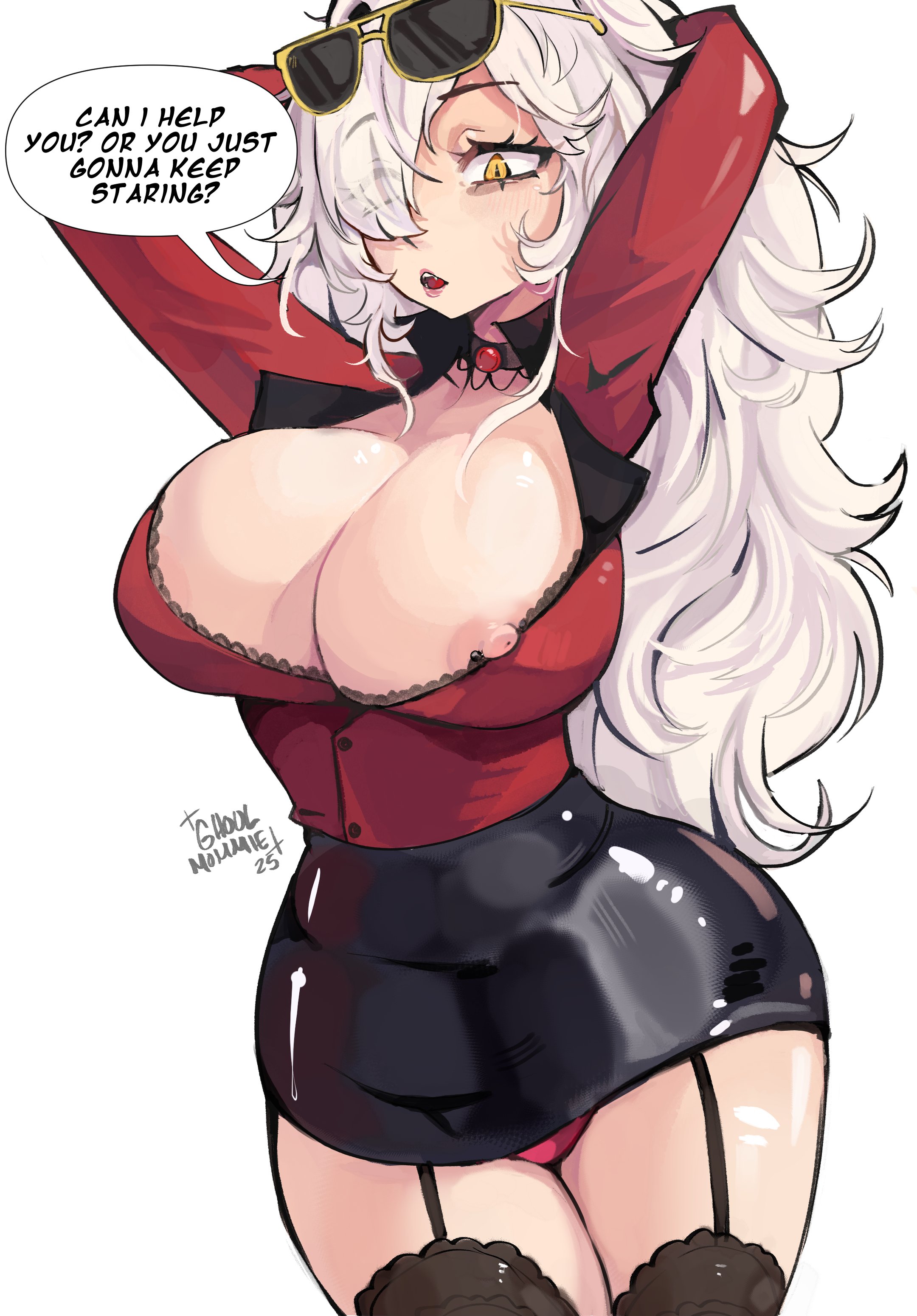 1girls, breasts, cleavage, clothed, clothing, english text, female, female only, ghoulmommie, huge breasts, light skin, light-skinned female, miniskirt, nipple piercing, nipple slip, panties, panty peek, pantyshot, piercing, revealing clothes, shiny clothes, skimpy clothes, skirt, solo, text, thighhighs, virtual youtuber, wardrobe malfunction, white hair, yellow eyes, zentreya, zentreya (cyborg), zentreya (cyborg) (regal)