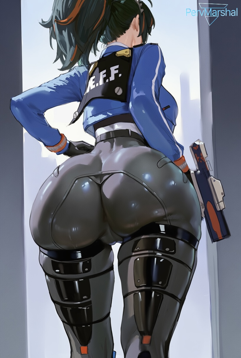 1girls, ai generated, female, female only, from behind, high-waist pants, huge ass, marshalperv, pervmarshal, ponytail, shiny skin, solo female, standing, tight clothing, tight pants, zenless zone zero, zhu yuan