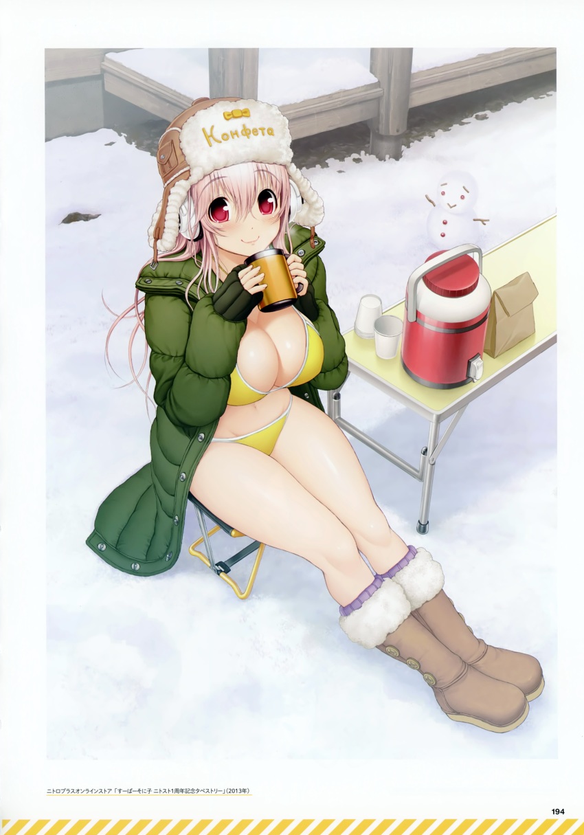 2013, absurdres, bag, bikini, bikini under clothes, blush, breasts, buttons, chair, cleavage, coat, cold, cup, day, drinking glass, female, female focus, glass, hat, headphones, highres, holding, holding cup, holding drinking glass, japanese text, large breasts, lips, long hair, long sleeves, looking at viewer, navel, nitroplus, official art, outdoors, outside, page number, paper bag, pink hair, red eyes, russian text, scan, sitting, sleeves past wrists, smile, snow, snowman, solo, super sonico, swimsuit, thick thighs, tsuji santa, ushanka, winter clothes, winter coat, yellow bikini
