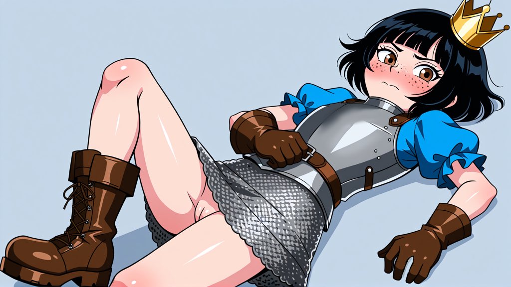 black hair, blue princess (clash royale), blush, brown eyes, chainmail, chestplate, crown, female, freckles, leather boots, leather gloves, looking at viewer, princess (clash royale), short hair, short sleeves, simple background, skirt