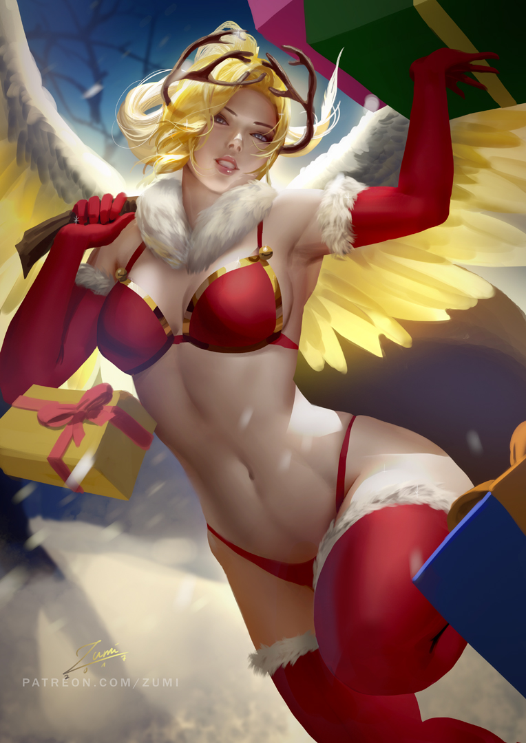1girls, blonde hair, blue eyes, bra, breasts, christmas, cleavage, female, looking at viewer, mercy, overwatch, panties, solo, thighhighs, zumi