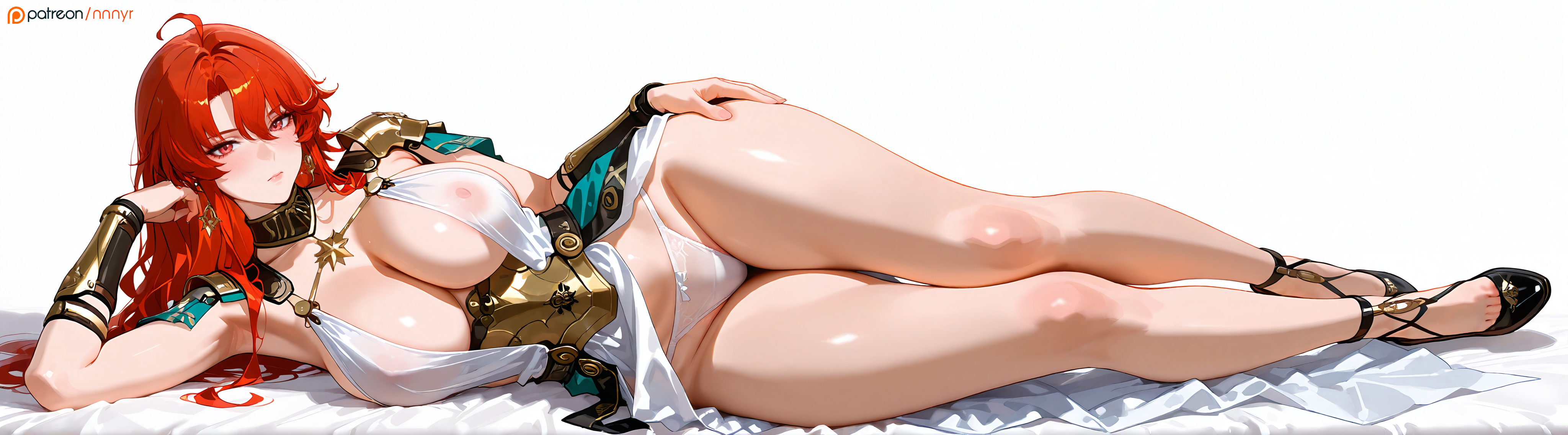 1girls, absurd res, absurd resolution, ai generated, armor, armored dress, armored female, augusta (wuthering waves), big breasts, blush, braces, breasts, dress, female, female focus, female only, hi res, high quality, high resolution, highres, huge breasts, jewelry, looking at viewer, lying, lying on side, nipples visible through clothing, nnnyr, panties, red eyes, red hair, solo, solo female, solo focus, stable diffusion, thick thighs, visible panties, white background, white dress, white panties, wide hips, wuthering waves