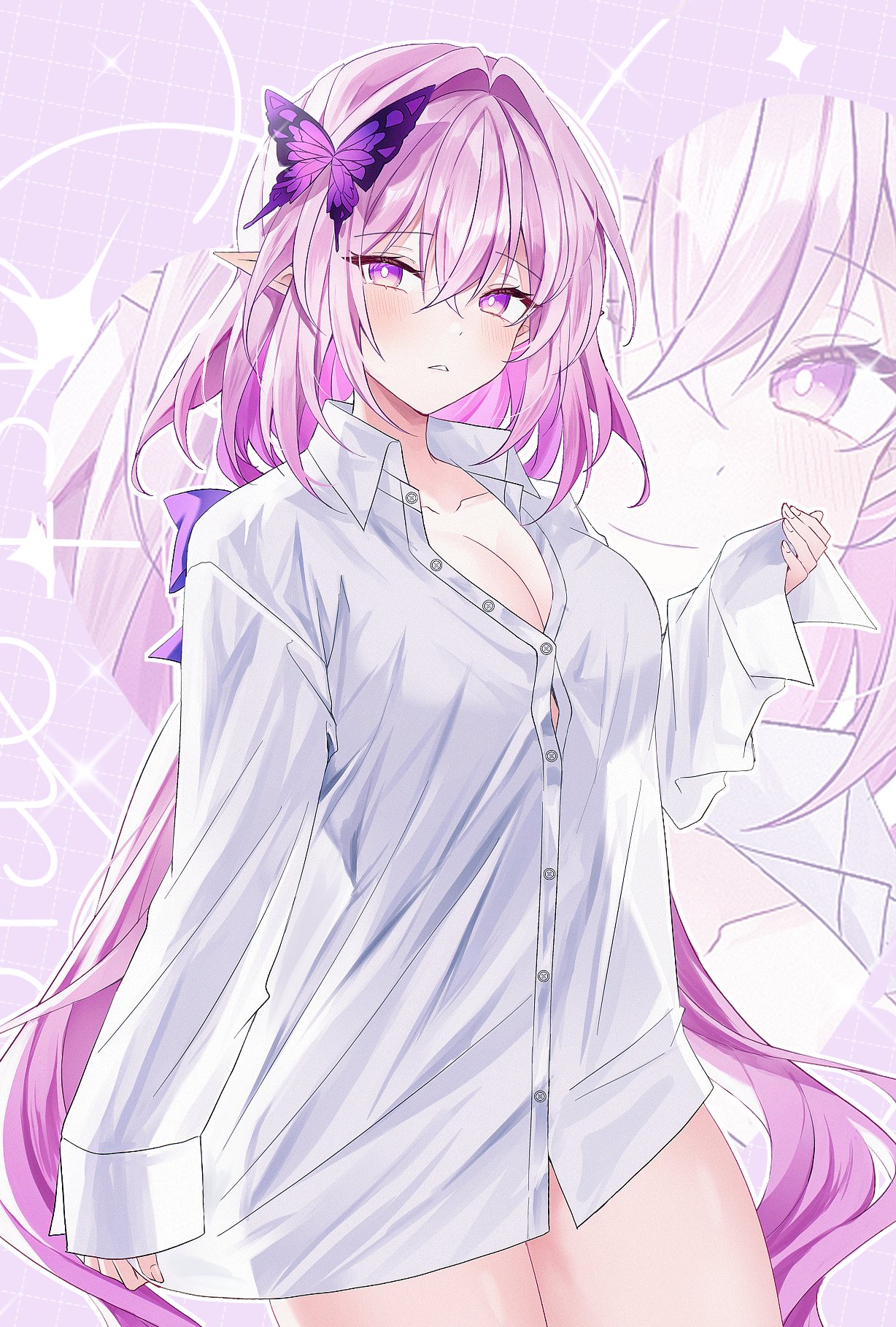 1girls, breasts, castorice (honkai: star rail), elf ears, female, honkai: star rail, hoyoverse, legs, mihoyo, purple eyes, purple hair, senoleeds, shirt only
