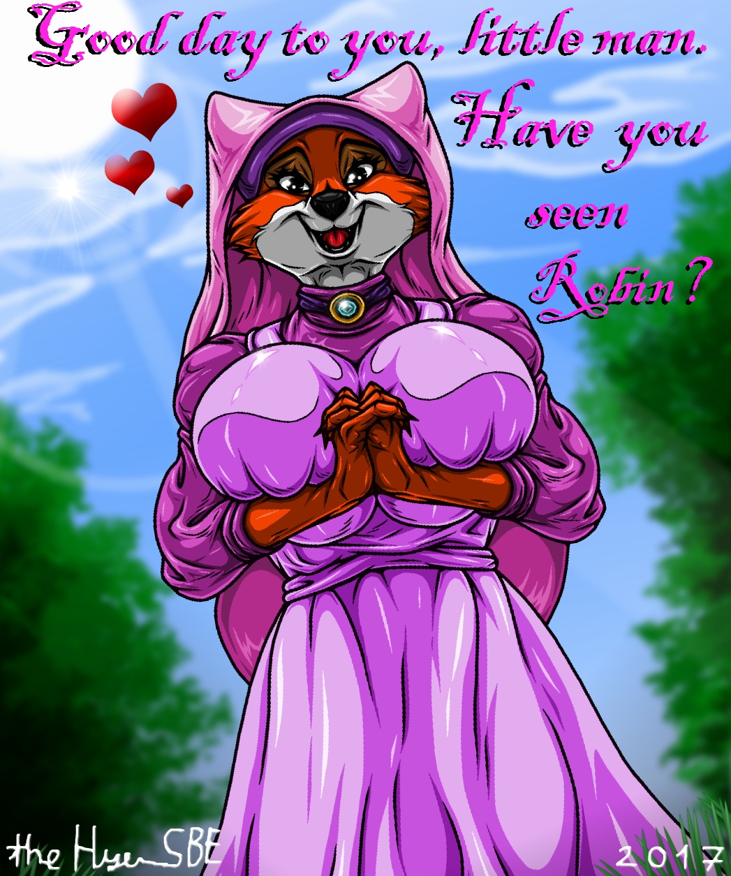 big_breasts breasts disney dress female_fox fox furry hands_clasped hat hood inviting looking_at_viewer maid_marian necklace robin_hood_(disney) smile thehyenassbe