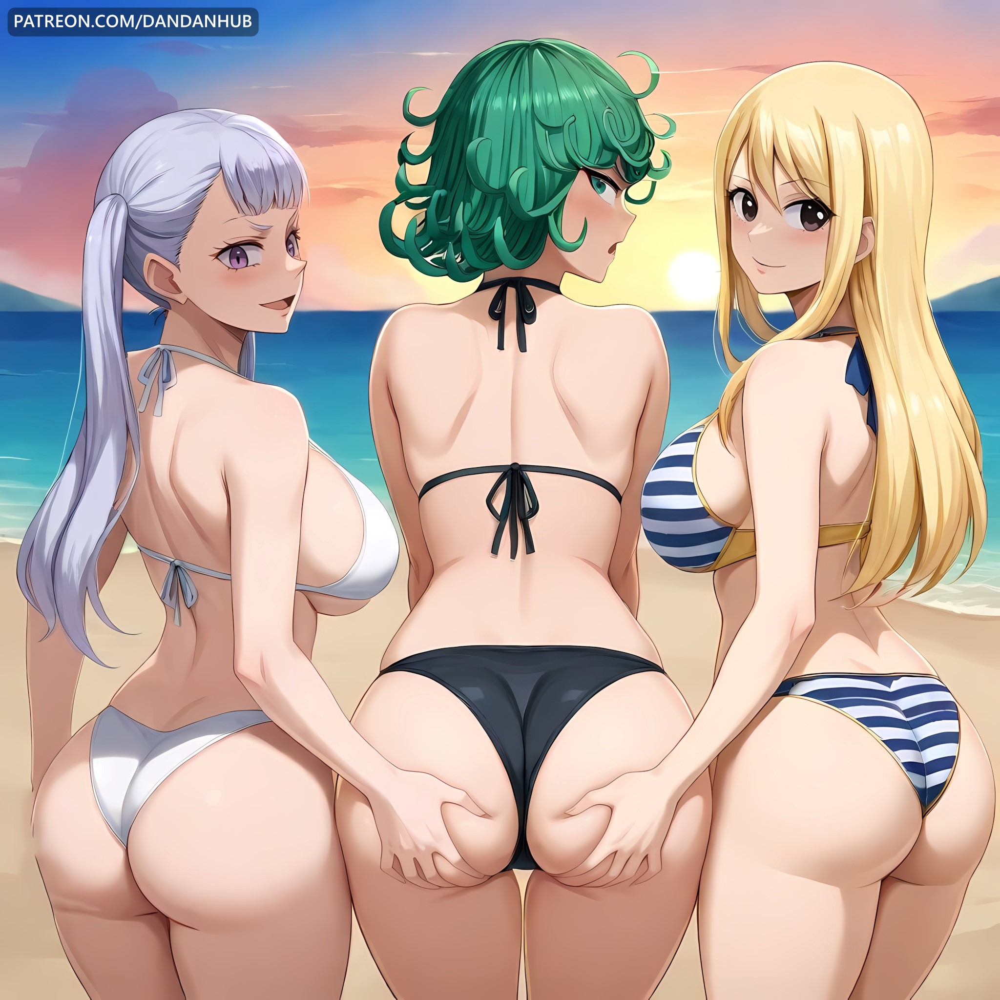 3girls, ai generated, ass, ass grab, back, bangs, beach, bikini, black bikini, black clover, blonde hair, blonde-haired female, blush, breasts, brown eyes, closed mouth, curly hair, dandanhub, fairy tail, female, female only, from behind, green eyes, green hair, green-haired female, large breasts, long hair, looking at viewer, looking back, lucy heartfilia, multiple females, multiple girls, noelle silva, ocean, one-punch man, open mouth, outdoors, patreon username, purple eyes, short hair, sideboob, smile, striped, striped bikini, sunset, swimsuit, take your pick, tatsumaki, thighs, twintails, watermark, white bikini, white hair, white-haired female, yuri