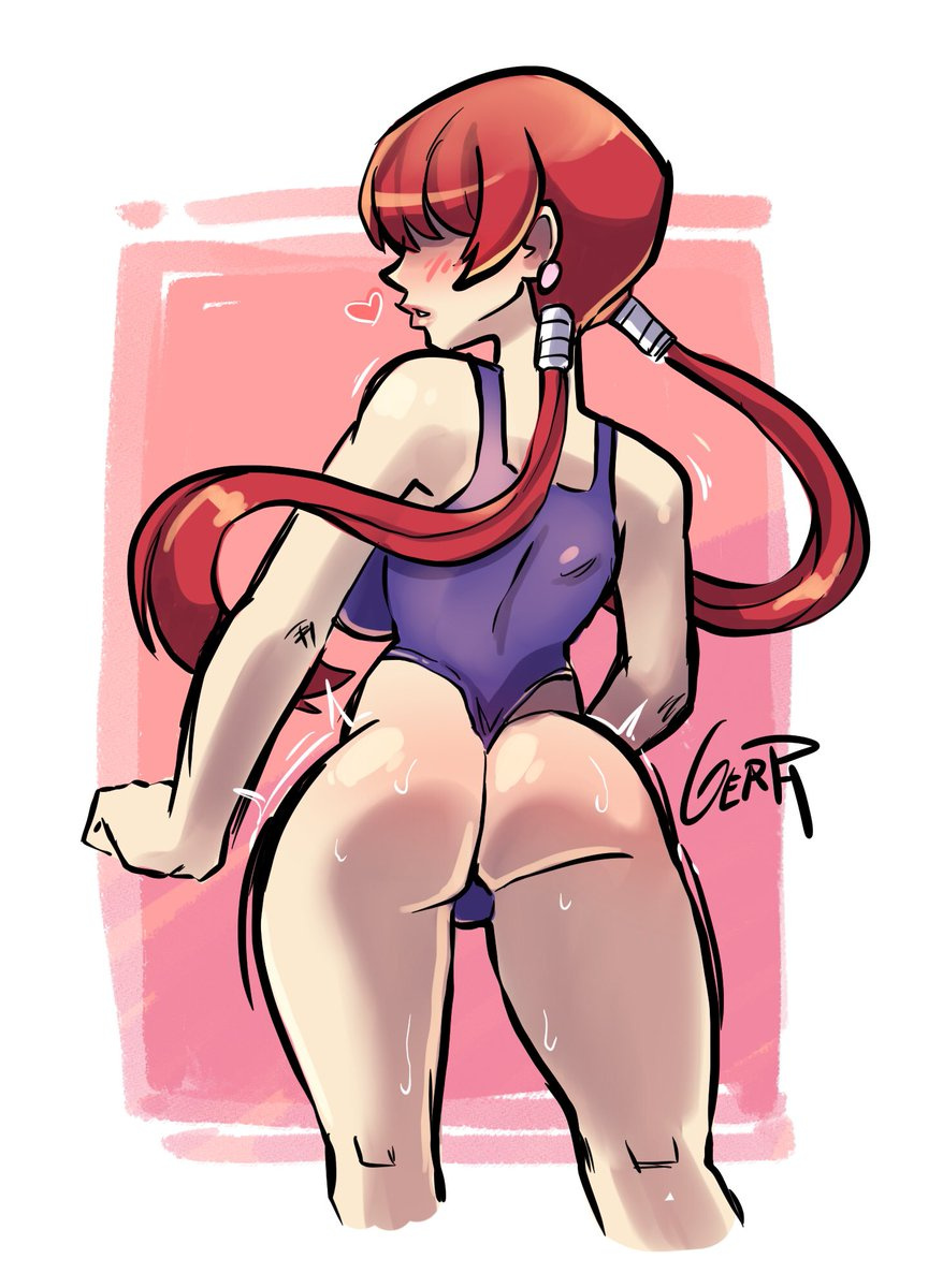 ass, clothing, female, female only, gerph, hair, heart, king of fighters, on back, red hair, shermie (kof), signature, snk, solo, swimsuit, video games