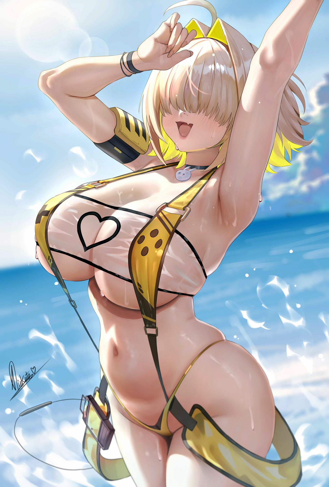 1girls, ahoge, armpits, arms up, black choker, blonde hair, blue sky, choker, cloud, curvy, cute fang, day, elegg (boom and shock) (nikke), elegg (nikke), fang, female, female only, hair intakes, hair over eyes, highres, navel, ocean, open mouth, outdoors, piukute062, skindentation, sky, slingshot swimsuit, smile, solo, stomach, suspenders, swimsuit, water, yellow slingshot swimsuit