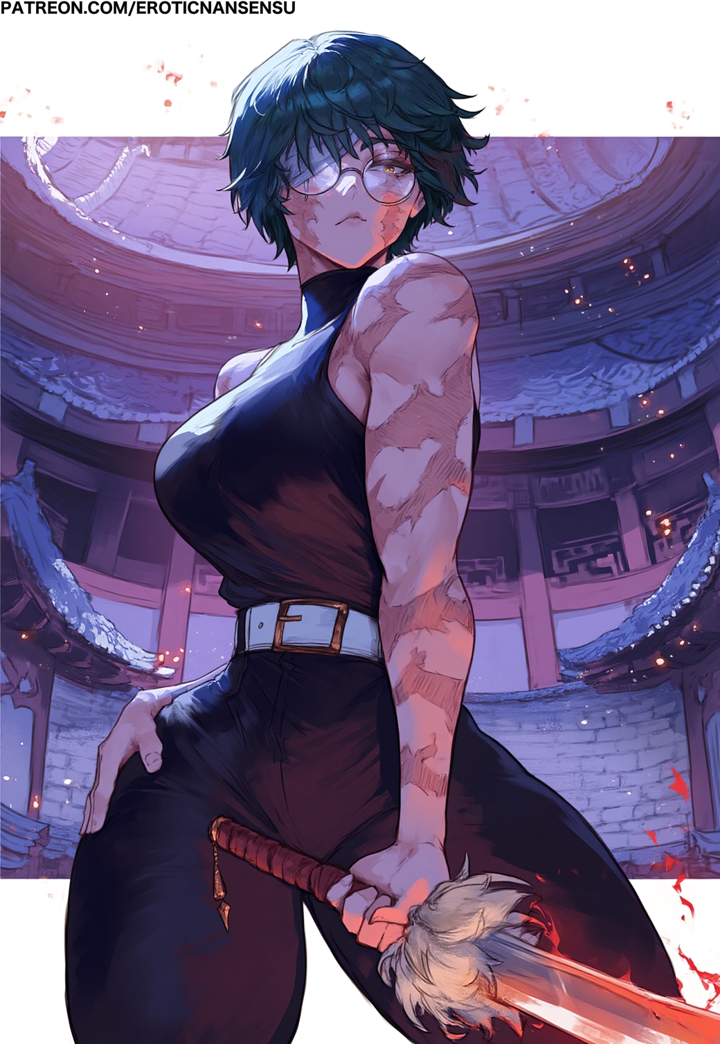 1girls, 2025, 2d, 2d (artwork), ai generated, ai-assisted, amber eyes, bandage over one eye, belt, burn scar, clothed, clothed female, digital drawing (artwork), energy, erotic nansensu, female, female only, glasses, gold buckle, green hair, hand on own hip, high-waist pants, highres, holding, holding sword, holding weapon, jujutsu kaisen, looking at viewer, multiple scars, muscular, muscular female, narrow waist, pants, round eyewear, scar, scars all over, sfw, solo, solo female, split soul katana, sword, thick thighs, thighs, weapon, white belt, yellow eyes, zenin maki