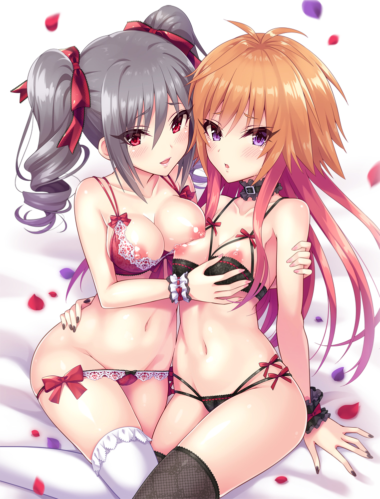 2girls, black bra, black legwear, black nails, black panties, blush, bra, breasts, cameltoe, choker, dark illuminate, drill hair, female, grey hair, idolmaster, idolmaster cinderella girls, kanzaki ranko, long hair, looking at viewer, medium breasts, multicolored hair, multiple females, multiple girls, nail polish, navel, ninomiya asuka, nipples, open mouth, panties, petals, purple eyes, pussy, red bra, red eyes, red panties, sitting, small breasts, smile, thighhighs, twin drills, twintails, two-tone hair, underwear, underwear only, urabi (tomatohouse), white legwear, wrist cuffs