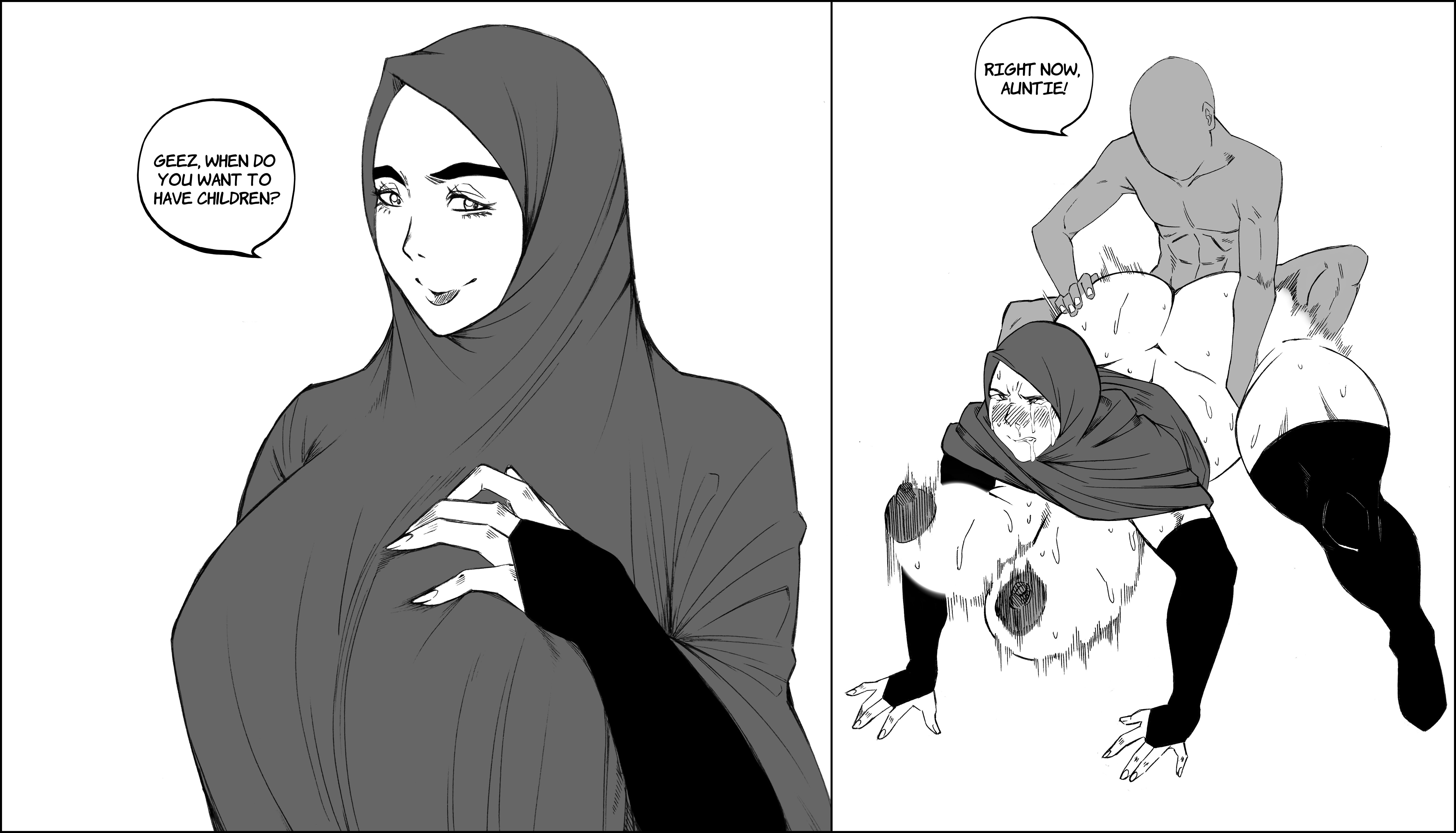 armwear, aunt, aunty, big breasts, black and white, blush, blush lines, breasts, doggy style, drool, drooling, female, gr8t story, hijab, hijabi, huge ass, huge breasts, legwear, milf, monochrome, muslim, muslim female, on all fours, pussy, rough sex, shaking breasts, sharp fingernails, sharp nails, snot, sweat, tearing up, tears, thick thighs, vaginal penetration