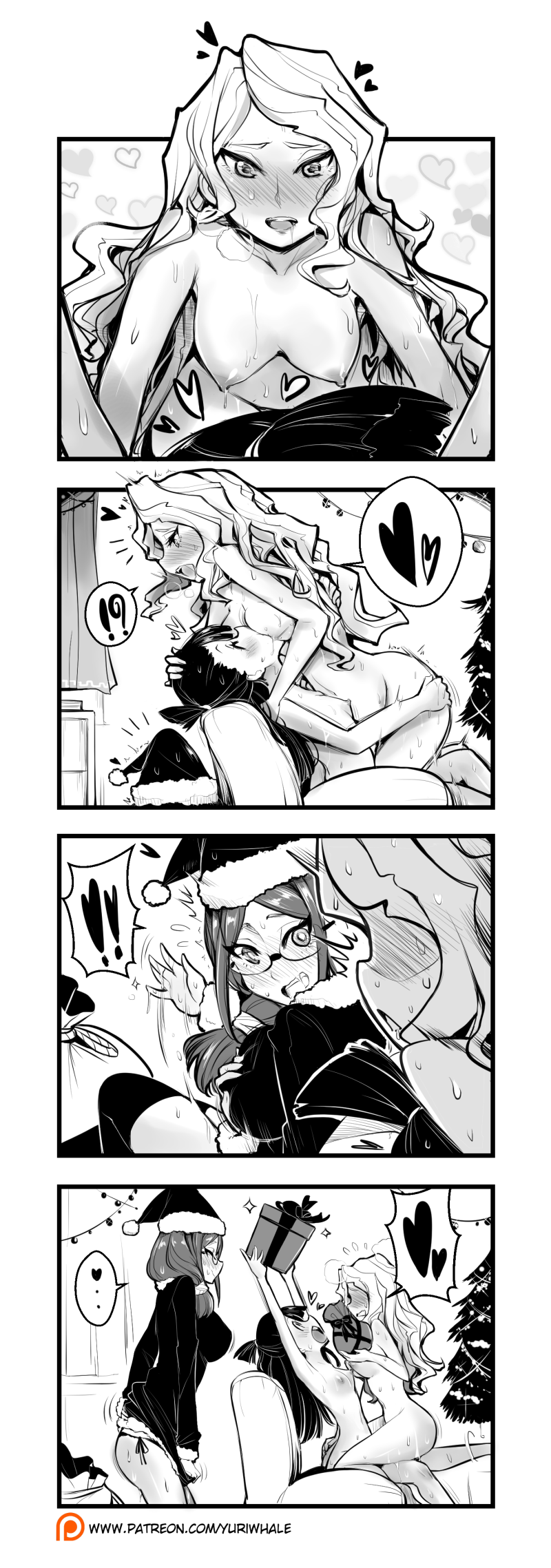 2girls akko_kagari ass atsuko_kagari blush breasts christmas comic diana_cavendish futa_on_female futanari glasses intersex kagari_atsuko little_witch_academia monochrome multiple_girls santa_hat santa_suit sex shiny_chariot spoken_heart ursula_callistis yuriwhale