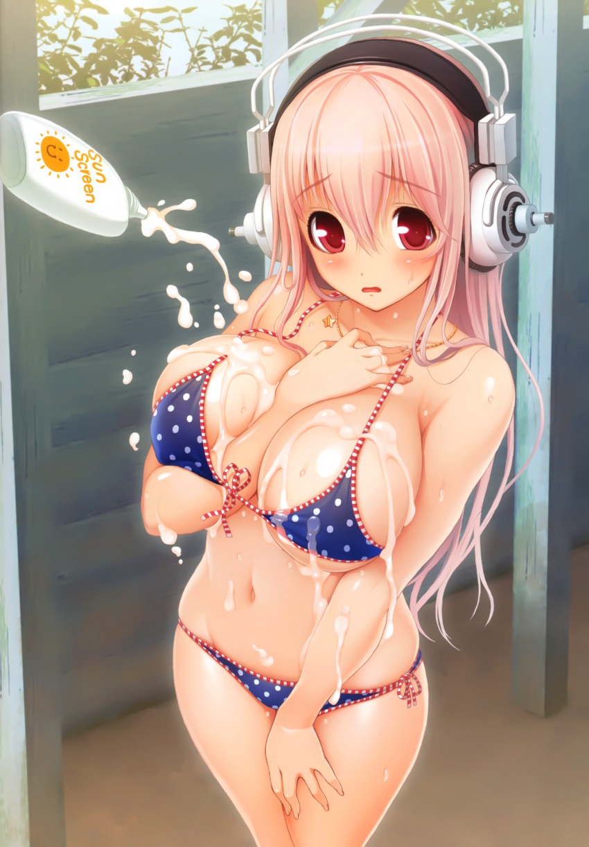 absurdres, arm between breasts, bare shoulders, between breasts, bikini, blush, breasts, cleavage, female, female focus, front-tie top, headphones, highres, jewelry, large breasts, long hair, looking at viewer, lotion, navel, necklace, nitroplus, open mouth, pink hair, polka dot, polka dot bikini, polka dot swimsuit, red eyes, scan, sexually suggestive, side-tie bikini bottom, solo, standing, suggestive fluid, sunscreen, super sonico, swimsuit, tsuji santa