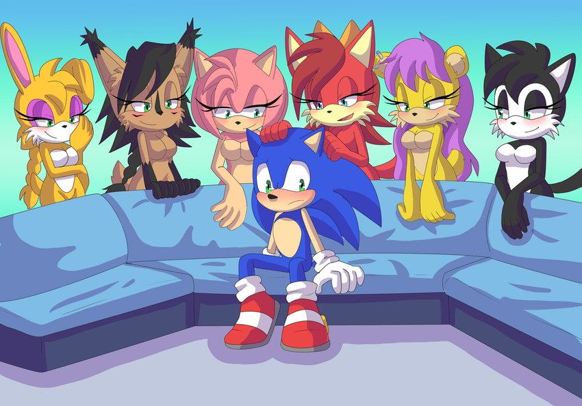 1boy, 6girls, amy rose, angelofhapiness, bunnie rabbot, female, fiona fox, hershey the cat, imminent reverse gangbang, male, mina mongoose, nicole the lynx, piper perri surrounded, sonic (series), sonic the hedgehog, sonic the hedgehog (series), tagme