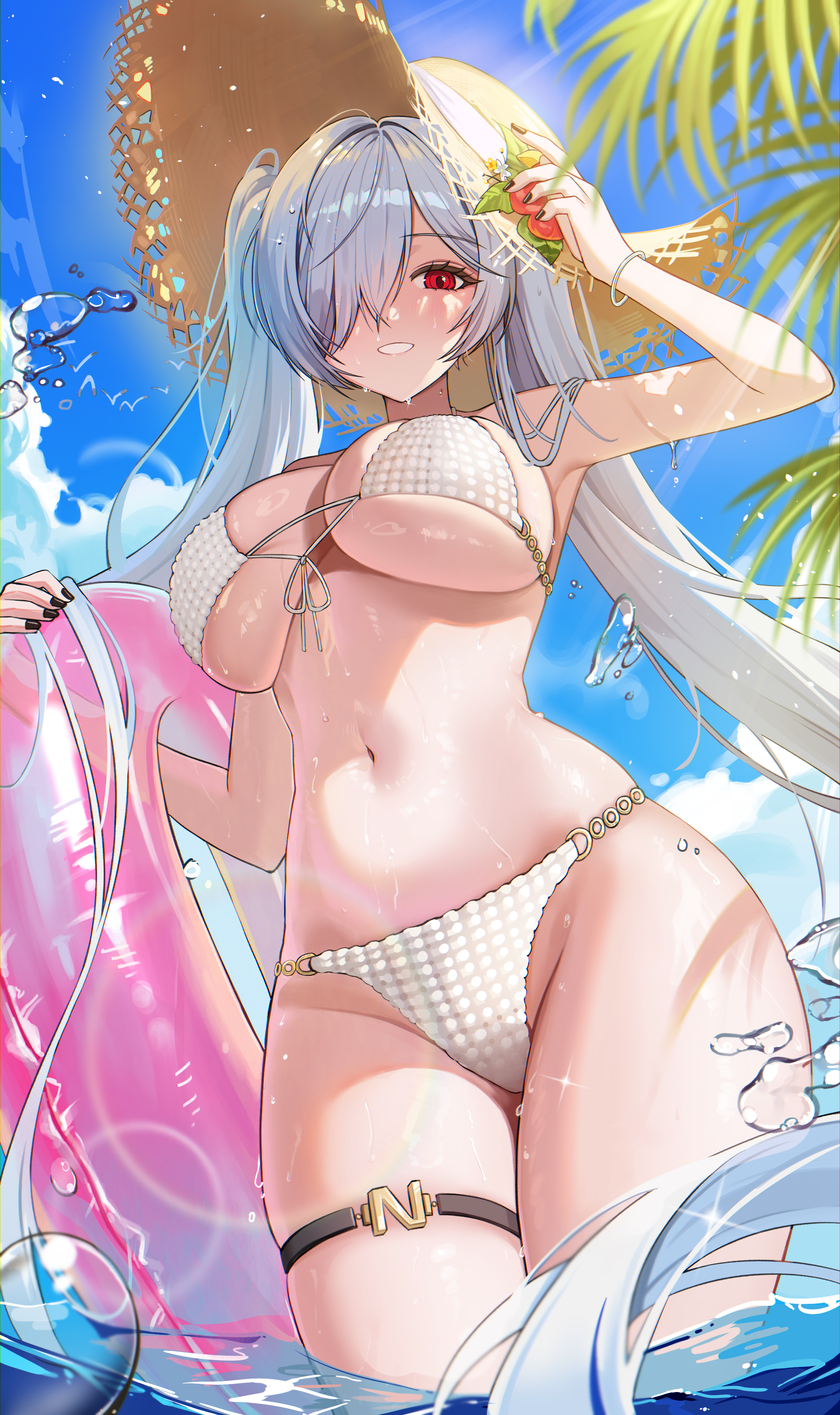 absurdres, alternate costume, arm up, armpits, bikini, black nails, breasts, cinderella (nikke), cleavage, commentary, commission, female, female only, from below, front-tie bikini top, front-tie top, grin, groin, hair over one eye, hat, highres, holding, holding swim ring, huge breasts, innertube, long hair, looking at viewer, navel, one eye covered, pink innertube, pixiv commission, red eyes, smile, solo, standing, stomach, straw hat, suisen (suisenhwa), swim ring, swimsuit, teeth, thigh strap, twintails, very long hair, wading, wet, white bikini, white hair