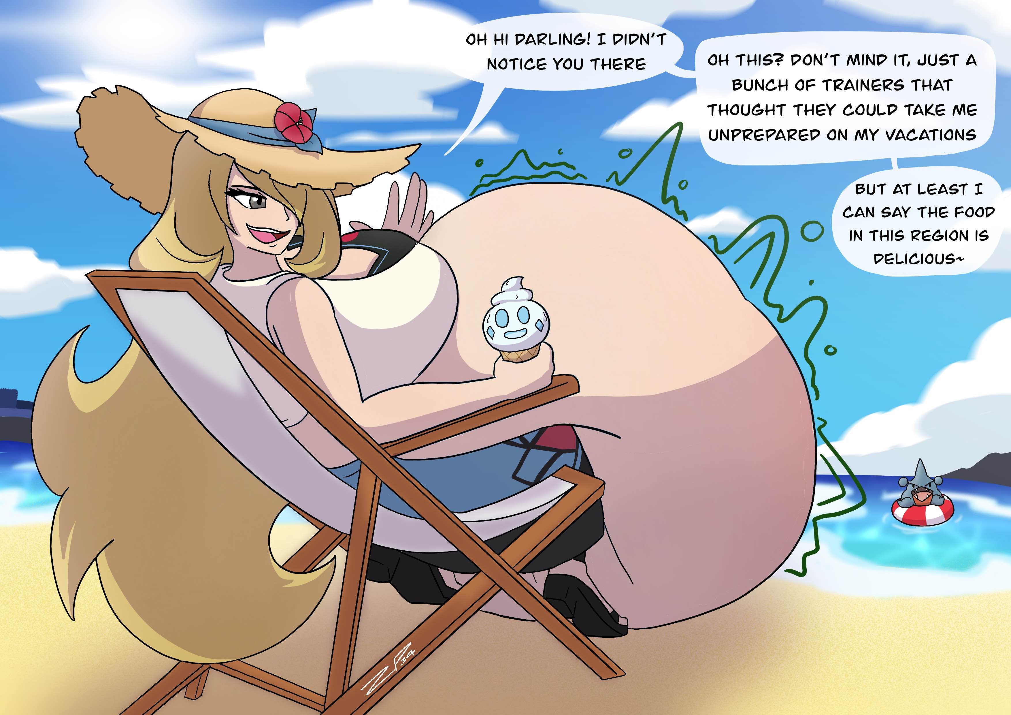 big belly, big breasts, blonde female, blonde hair, breasts, casteliacone, cynthia (pokemon), cynthia (summer 2025) (pokemon masters), digestion, female, female only, gible, high heels, holding ice cream, holding ice cream cone, holding object, ice cream, motion lines, pokemon, pokemon masters, pokemon masters ex, sandals, vore, vore belly, zacpert