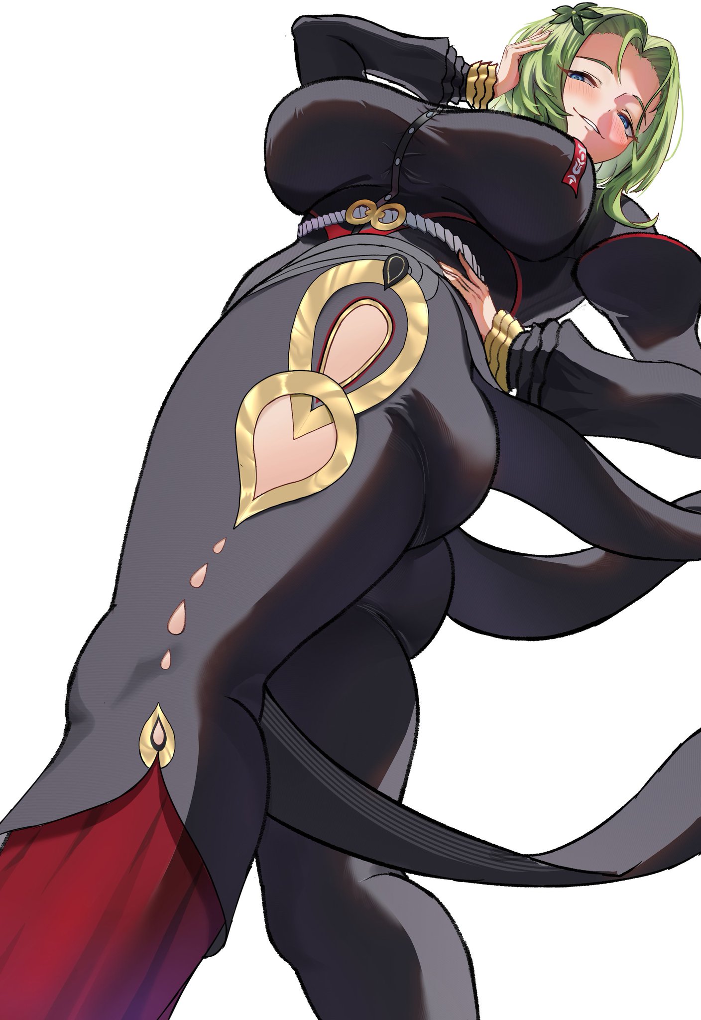 big ass, big breasts, big thighs, blue eyes, blush, breasts, buttons, exposed hips, female, flower, flower in hair, fully clothed, green skin, hand on head, hand on hip, hip windows, hoyoverse, isolde (zenless zone zero), looking at viewer, looking down, looking down at partner, seductive pose, sexy pose, smile, uniform, uousagi2639, white background, zenless zone zero