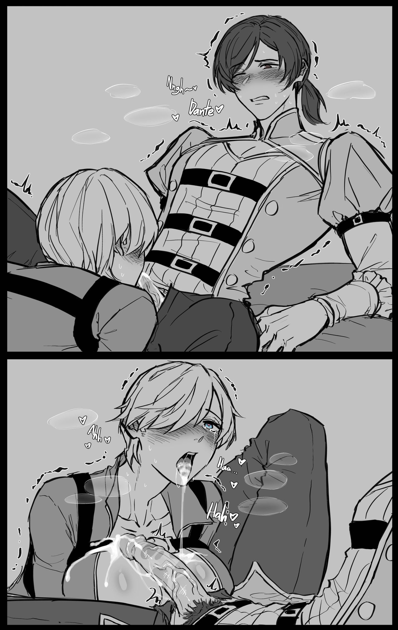 blowjob, breasts, cum in mouth, cum on breasts, dante (devil may cry), devil may cry, devil may cry (series), devil may cry 4, female, heart-shaped pupils, kyrie (devil may cry), male, male/female, pichuuuchan, rule 63