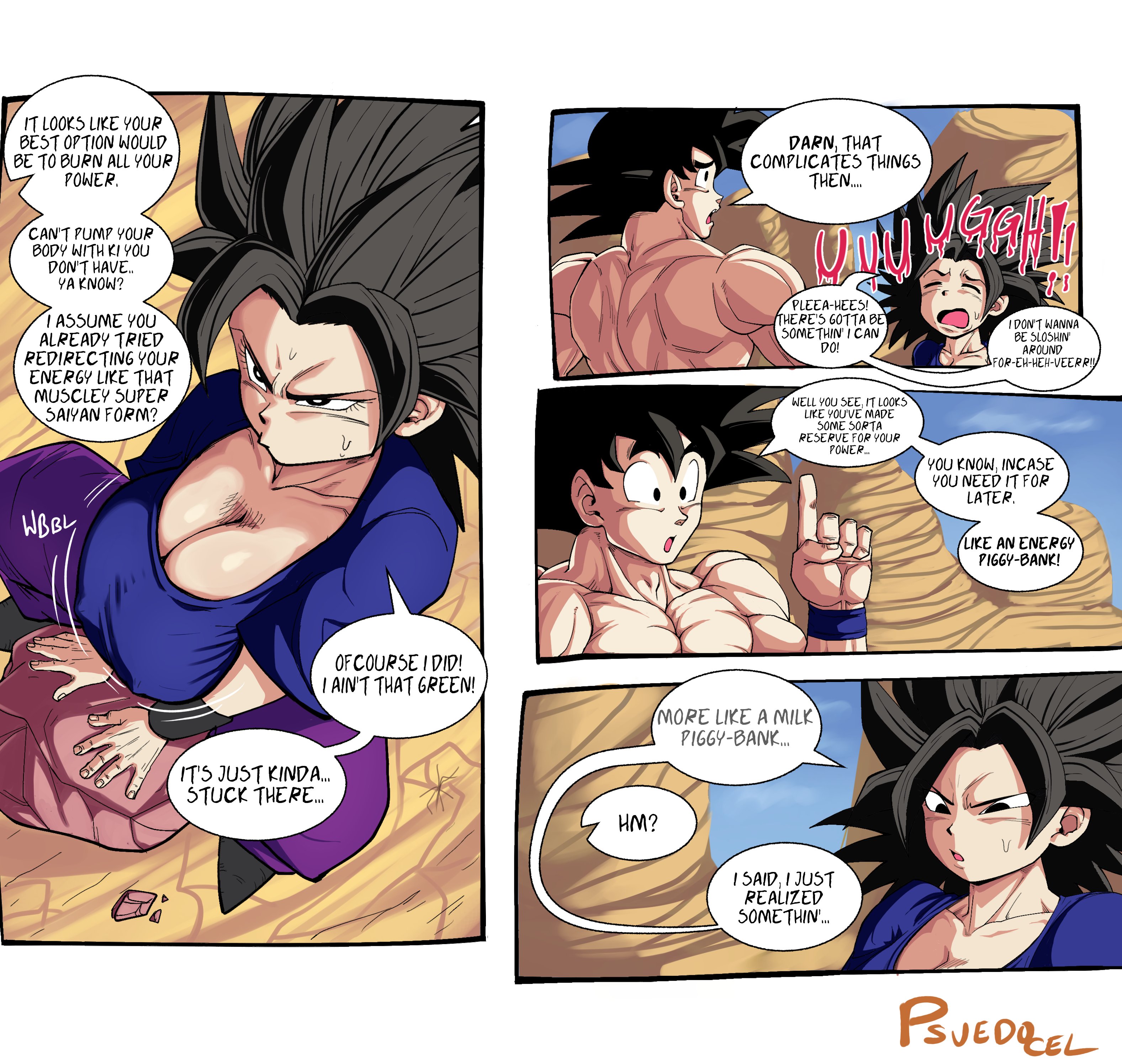 1boy1girl, big breasts, breasts, caulifla, dragon ball, dragon ball super, female, male, nipples visible through clothing, pseudocel, saiyan female, son goku, woman
