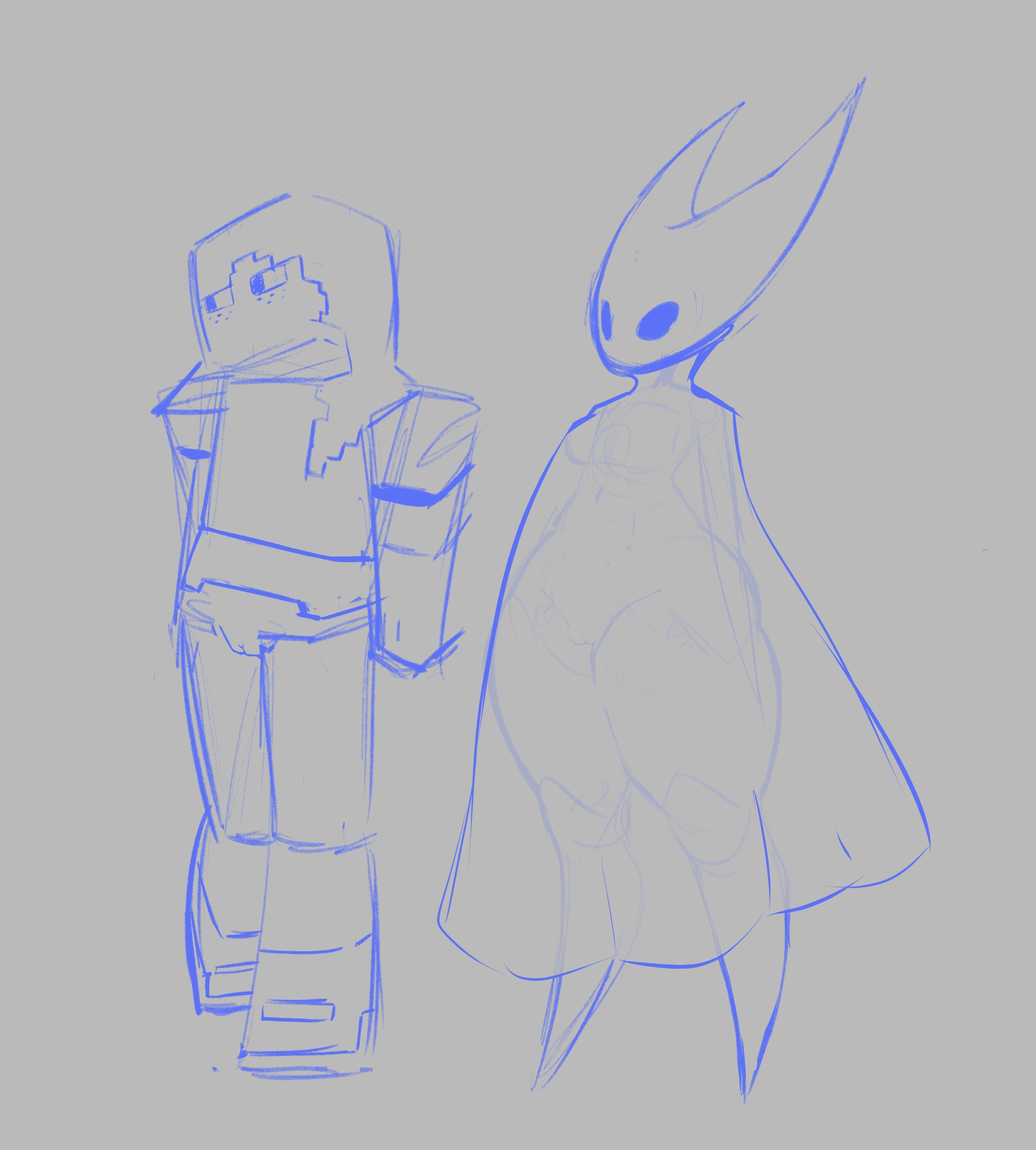 2025, 2girls, alex (minecraft), blocky body, bottom heavy, bottomless, breasts, female, female only, flat chest, hollow knight, hollow knight: silksong, hornet (hollow knight), looking away, minecraft, mojang, puffy pussy, pussy, rippledvoice, see-through clothing, self upload, shoes, sketch, small breasts, team cherry, thick thighs
