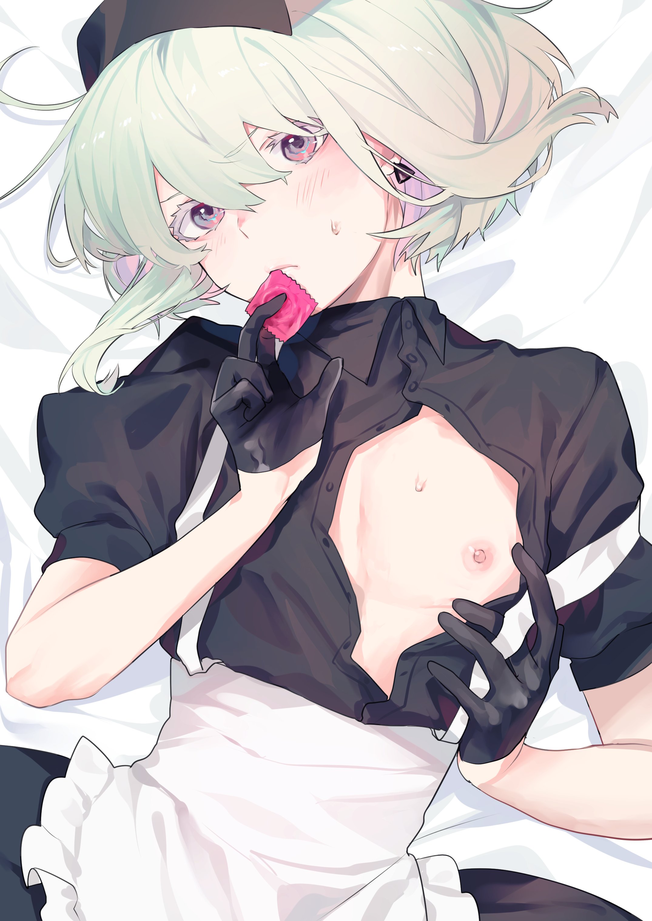 1boy, androgynous, bob cut, condom, crossdressing, embarrassed, exposing chest, femboy, lio fotia, looking at viewer, male, nipple, on bed, pov, promare, short hair, shy, solo, twink