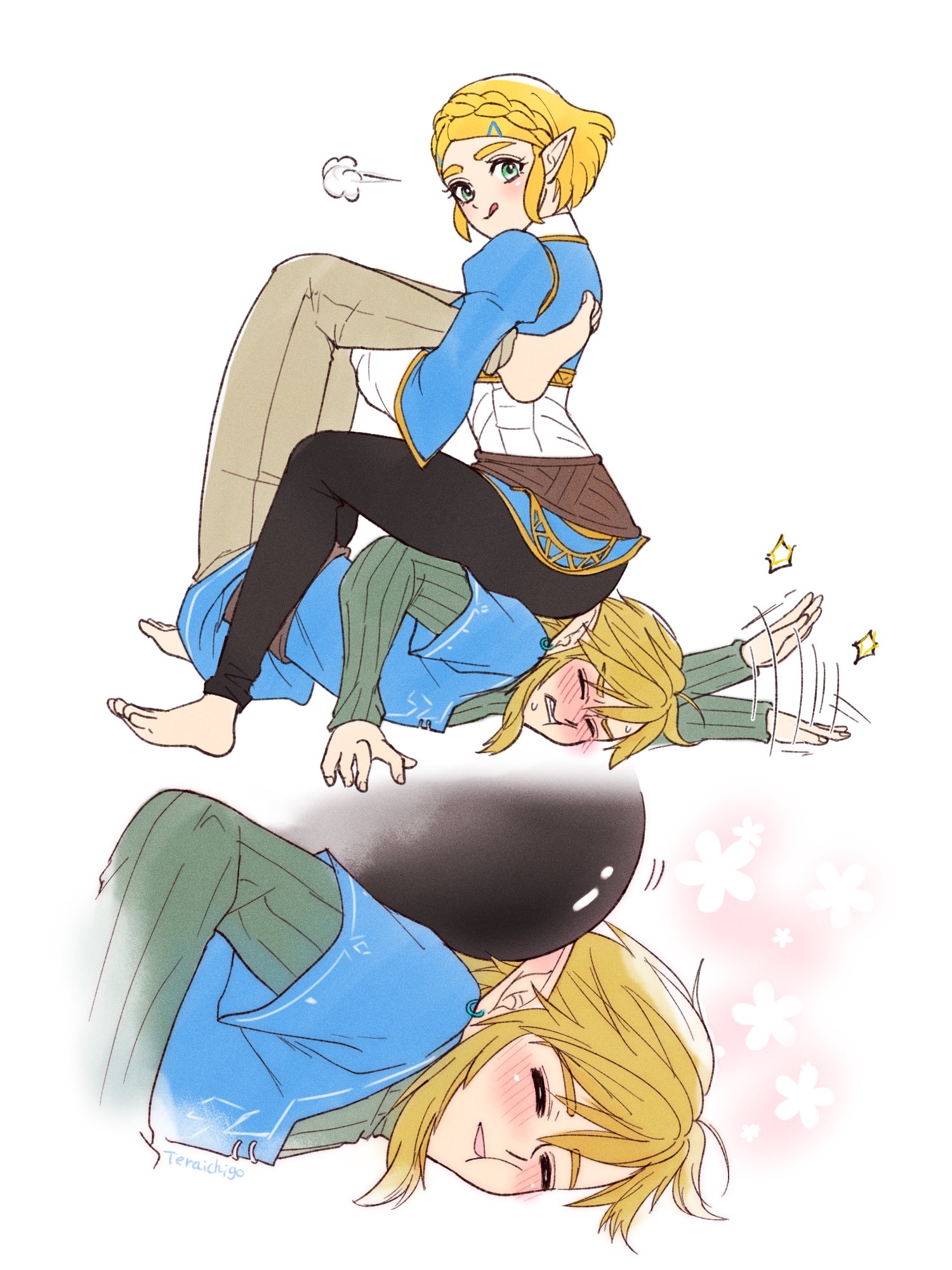 :p, 5 fingers, 5 toes, ass, ass in face, barefeet, barefoot, blonde hair, blue eyes, blush, blush lines, blushing, boston crab, butt, butt in face, cute, ichigobotw2, link, pointy ears, princess zelda, round ass, round butt, secretly loves it, simple background, sitting on another, sitting on head, sitting on person, tapping out, tears of the kingdom, the legend of zelda, wholesome, wrestling, zelda (tears of the kingdom)