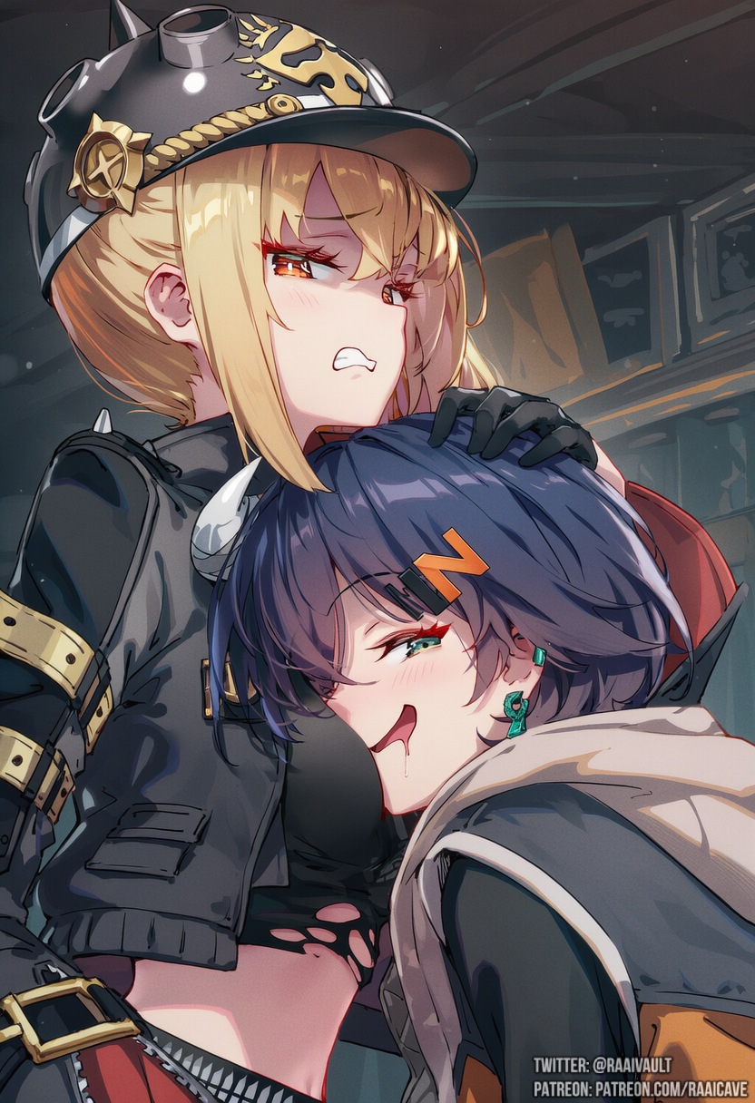 2girls, ai generated, belle (zenless zone zero), blonde hair, blue hair, blush, breast squish, breasts, clenched teeth, cringing, drool, drooling, ear piercing, earrings, enjoying, eyelashes, face in breasts, female, female only, female/female, fully clothed, hairpin, hand on partner's head, helmet, hoodie, hoyoverse, leather jacket, looking at viewer, luciana de montefio, midriff, open mouth, raaicave, red eyes, secretly loves it, side ponytail, smile, torn clothes, turquoise eyes, yuri, zenless zone zero